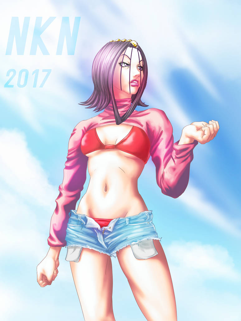 beach bikini bikini_bottom bikini_top crop_top denim_shorts jojo's_bizarre_adventure lipstick magazine_cover miraschon nkn purple_eyes purple_hair shoulder_length_hair small_breasts stone_ocean sun sunlight sweater