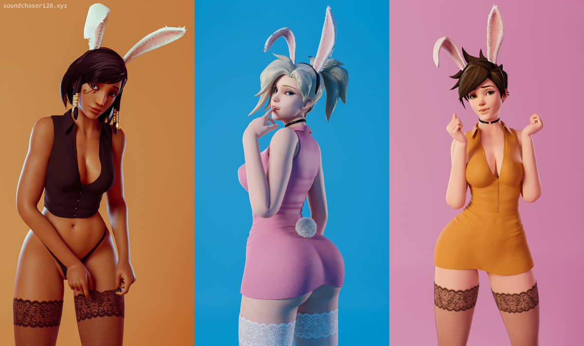3d, 3girls, ass, big ass, blizzard entertainment, breasts, bunny costume, bunny ears, bunny girl, choker, cleavage, dark skin, dark-skinned female, dress, easter, female, female only, finger in mouth, looking at viewer, looking back, mercy, overwatch, panties, pharah, soundchaser128, stockings, thick thighs, thighhighs, tracer, wide hips