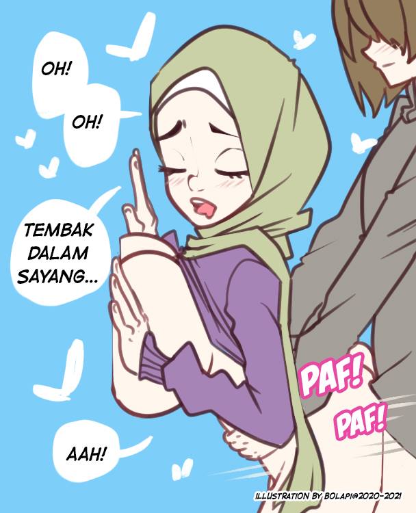 1boy, 1girls, bolapistarize, bottomless, breasts, breasts out, closed eyes, clothed female, clothed sex, dialogue, doggy style, duo, female, female focus, hijab, human, large breasts, male, open mouth, sex, sex from behind, shirt, shirt lift, standing, standing sex, straight, top lift, young