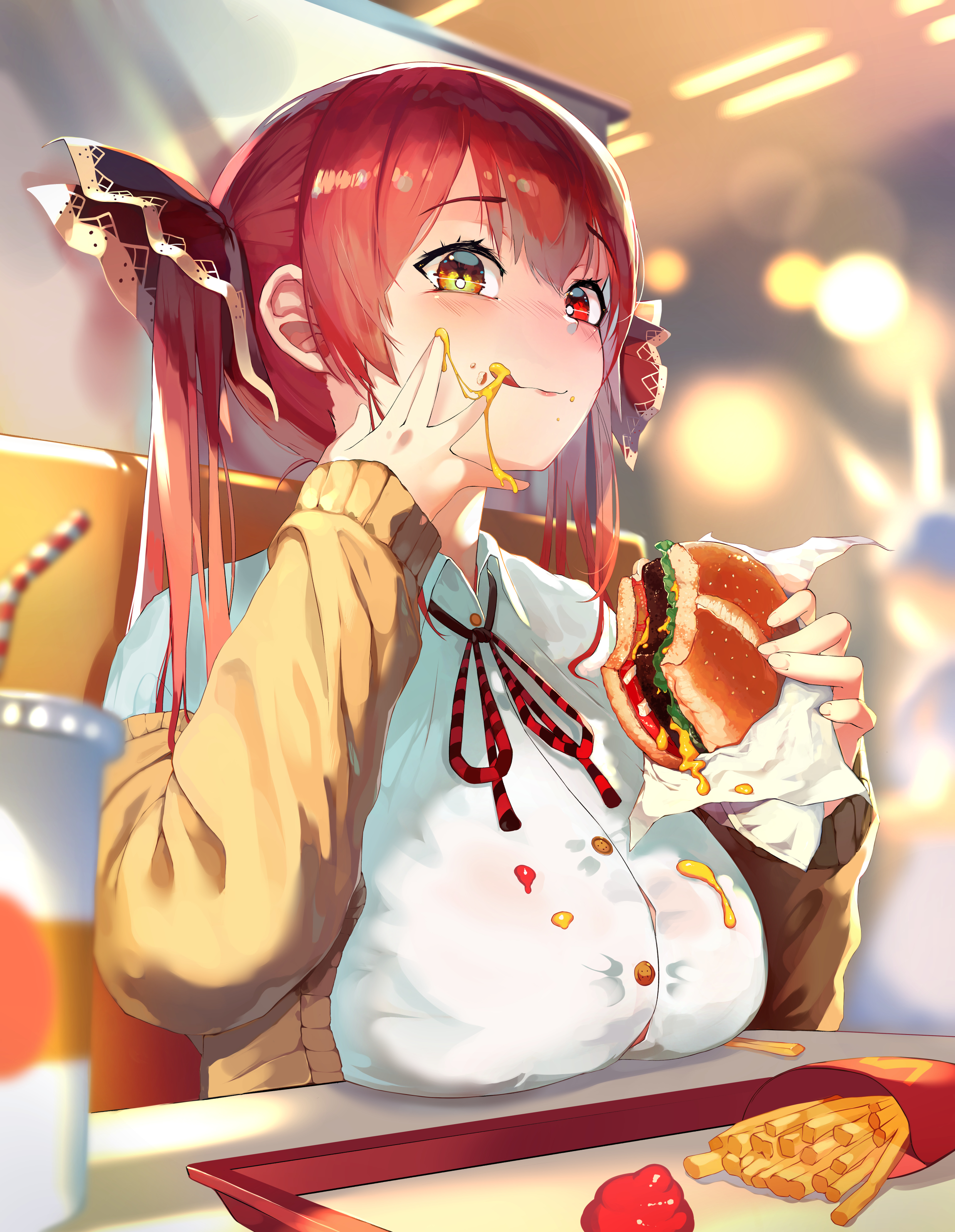 0koru ring0, breasts, breasts on table, burger, eating, eating burger, eating food, female, food, hamburger, high resolution, holding, holding burger, holding food, holding object, hololive, hololive fantasy, hololive japan, houshou marine, messy eater, virtual youtuber