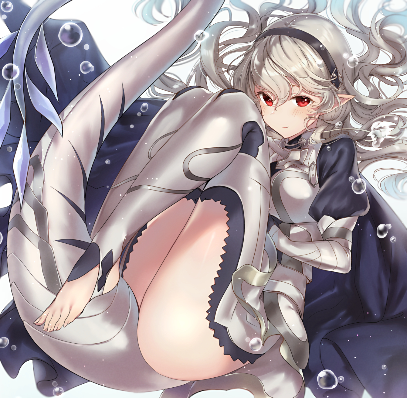 1girls, bare thighs, blush, bubble, cloak, commentary request, corrin (fire emblem), corrin (fire emblem) (female), feet, female, fire emblem, fire emblem fates, gloves, grey hair, hair between eyes, hairband, haru (nakajou-28), highres, inner thighs, juliet sleeves, knees on chest, long hair, long sleeves, nintendo, no shoes, pointy ears, puffy sleeves, red eyes, silver hair, simple background, smile, solo, stirrup legwear, tail, thighs, toeless legwear, toes, white background, white hair
