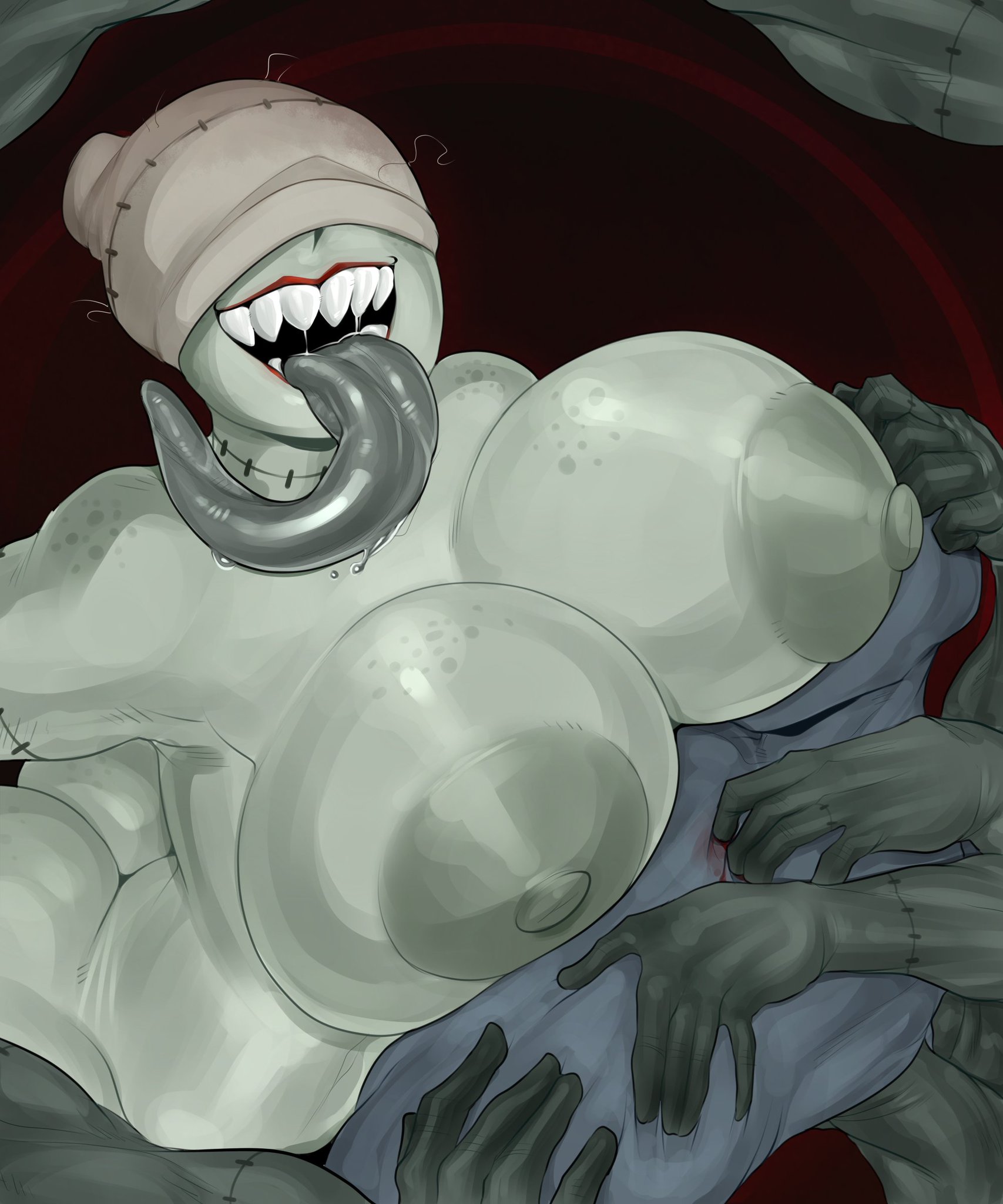 anthro, breasts, dead source, detnox, disembodied hands, female, large breasts, long tongue, nude, nude female, oc, original character, patchwork (detnox), tagme