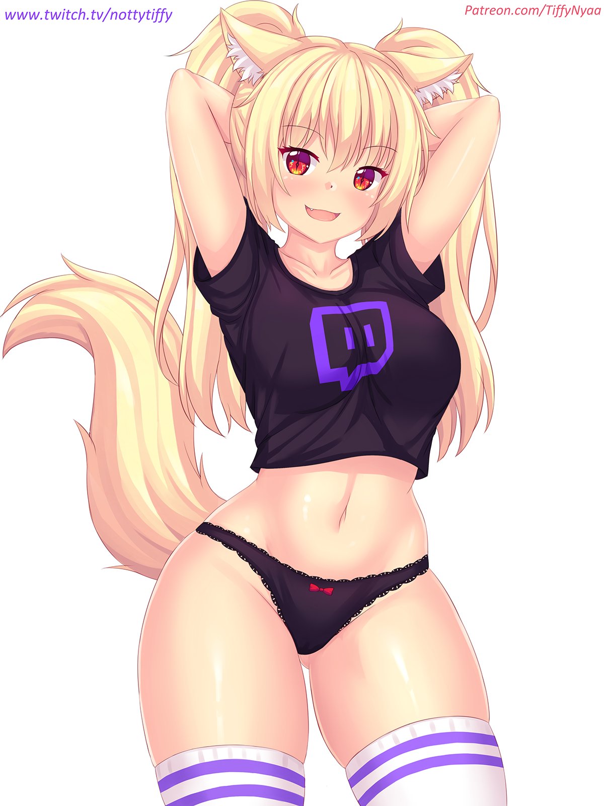 1girls, animal ears, animal tail, arms behind head, arms up, black panties, blonde hair, blush, bow panties, crop top, fangs, female, female only, fox ears, fox girl, fox tail, inner ear fluff, kemonomimi, legwear, looking at viewer, navel, no pants, original, panties, patreon, red eyes, skindentation, standing, striped legwear, tagme, tail, thighhighs, thighs, tiffy, tiffynyaa, twintails, twitch, url