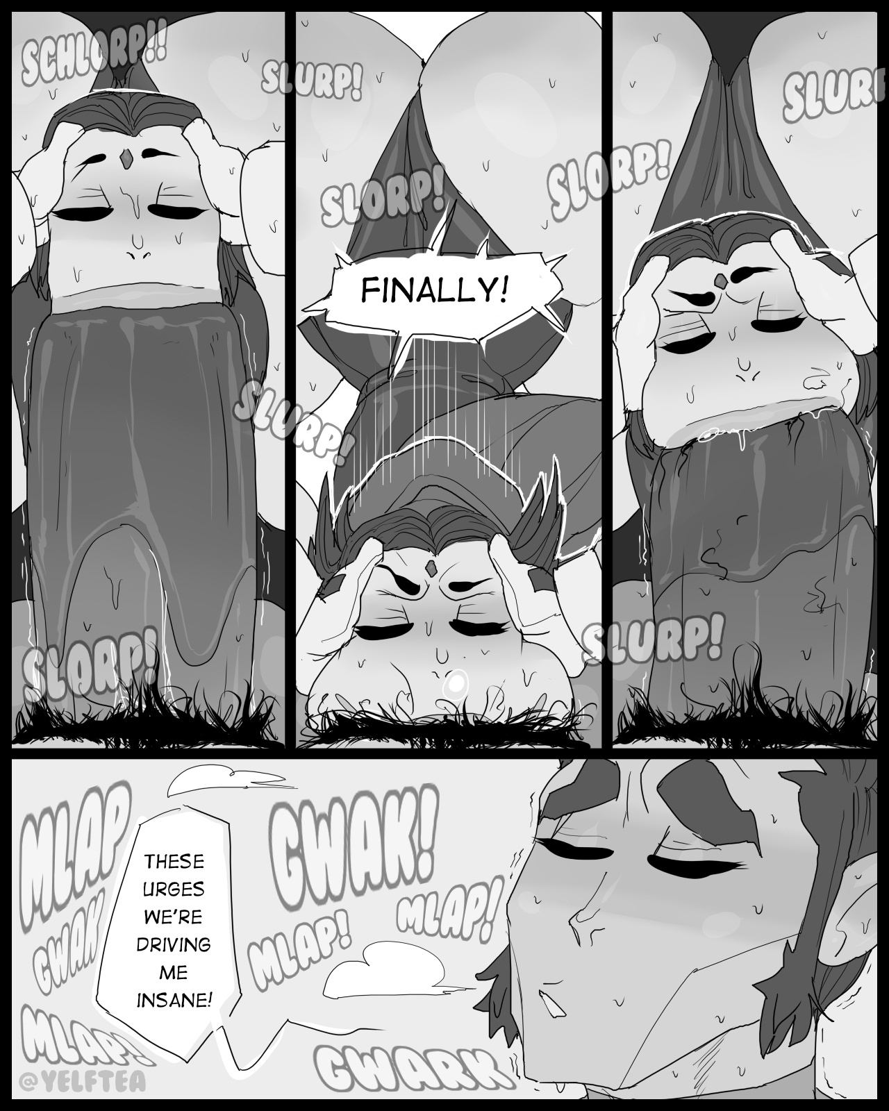 :>=, closed eyes, fellatio, huge cock, male, maledom, penis, pubic hair, stray pubic hair, sweat, yelftea