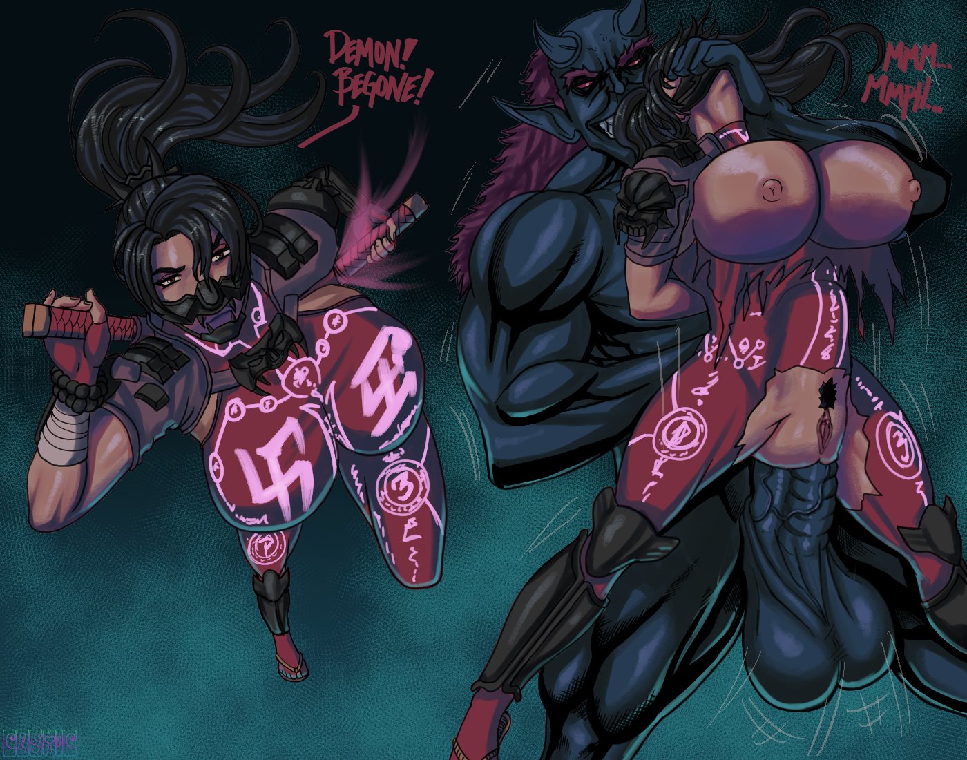 1boy, 1girls, anal, anal penetration, anal rape, anal sex, balls, big balls, breasts, busty, comic, cosmic (artist), defeated heroine, demon, domination, erect nipples, exposed breasts, exposed pussy, female, hand over another's mouth, hands behind back, hourglass figure, huge cock, interspecies, kunoichi, large breasts, male, namco, nipples, penetration, penis, pussy, rape, sex, soul calibur, tagme, taki (soulcalibur), thrusting into ass, torn clothes, veiny penis, wide hips