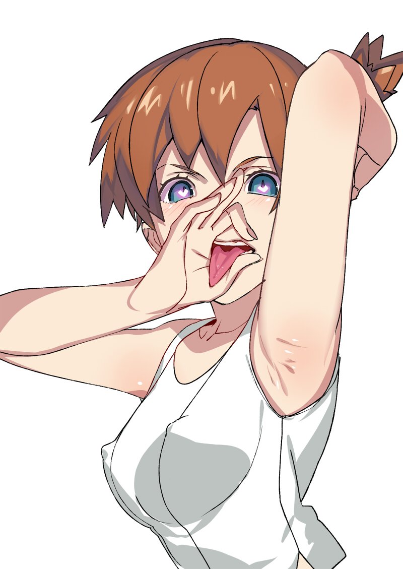 1girls, alternate breast size, alternate outfit, arm up, armpits, big breasts, blue eyes, blush, breasts, clothed, clothes, erect nipples, eye contact, fellatio gesture, female, gym leader, half-closed eyes, heart, heart-shaped pupils, human, human only, kasumi (pokemon), looking at viewer, misty (pokemon lgpe), misty (pokemon), nintendo, nipple bulge, nipples, open mouth, orange hair, pokemon, pokemon lgpe, pokemon rgby, pose, red hair, redhead, sexually suggestive, shirt, short hair, side ponytail, simple background, smile, tank top, tongue, tongue out, toranpo rintarou, white background, white shirt