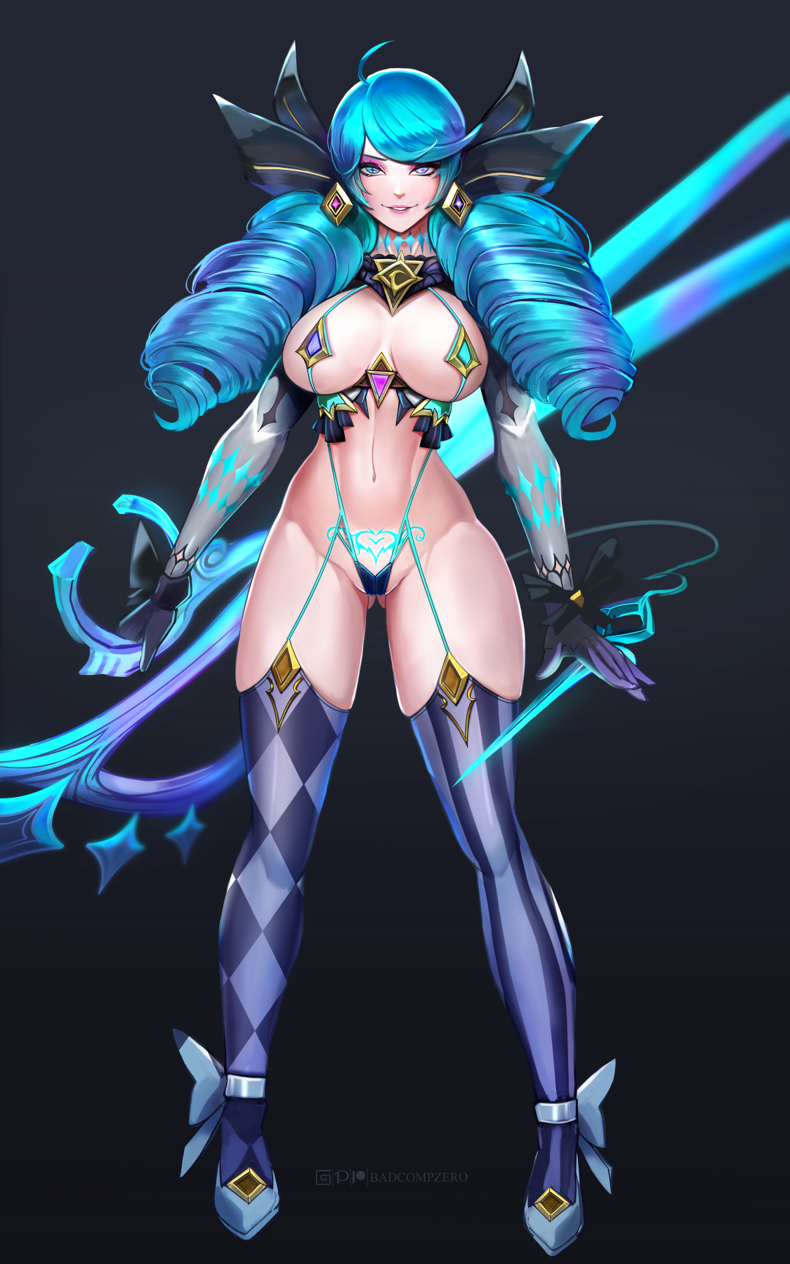 1girls, ass visible through thighs, asymmetrical legwear, badcompzero, blue garter straps, blue hair, blue lingerie, blue tattoo, breasts, cleavage, curvy, drill hair, female, female only, garter straps, gloves, glowing tattoo, gwen (league of legends), kamui (kill la kill), kill la kill, large breasts, league of legends, looking at viewer, needle, pubic tattoo, revealing clothes, scissor blade, skimpy clothes, sling bikini, slingshot swimsuit, thigh gap, thighhighs, twin drills, twintails, unusual anatomy, unusual eyes, unusual pupils, weapon