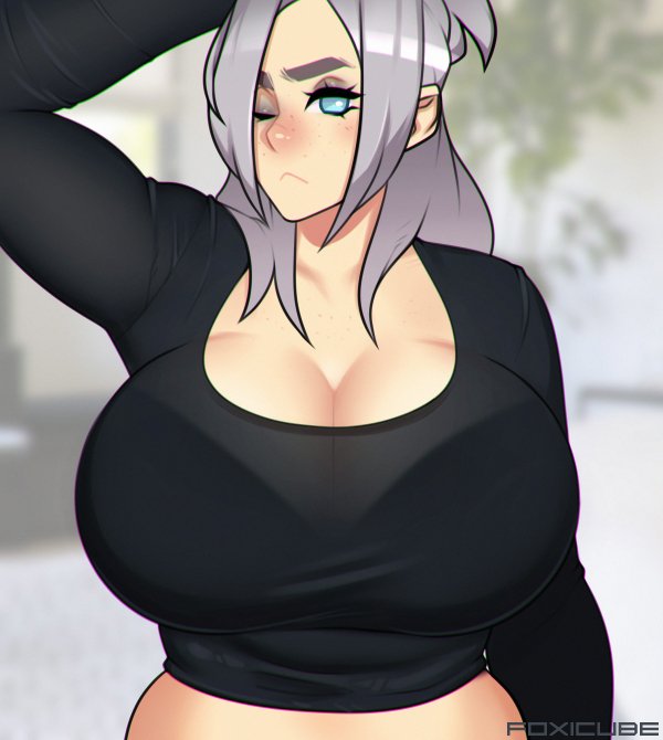 1girls, armpits, billie eilish, breasts, cleavage, female, female only, foxicube, hilly hellish (foxicube), huge breasts, looking at viewer, solo, universal studios