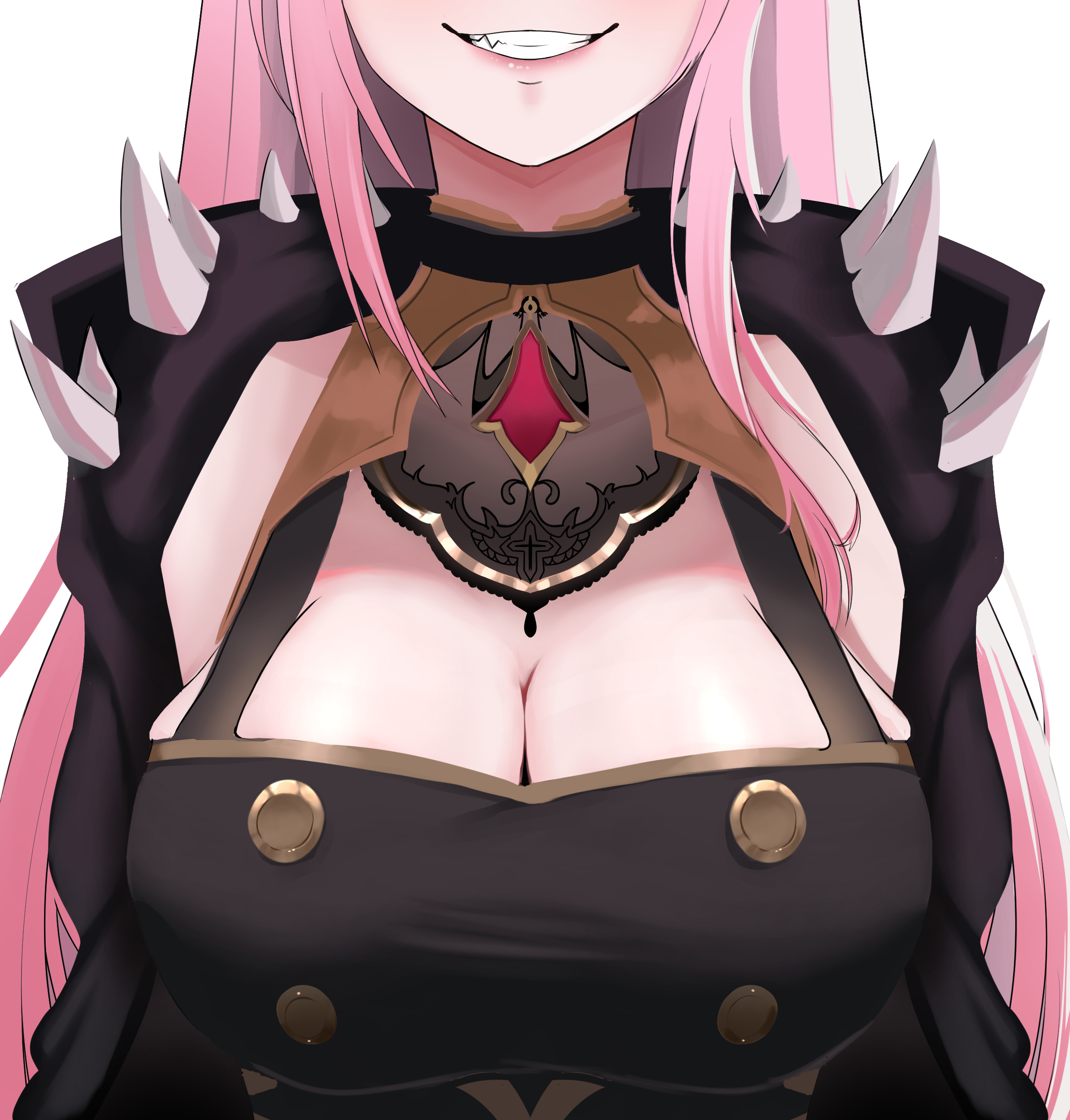 1girls, breasts, cleavage, female, female only, hololive, hololive english, hololive myth, huge breasts, lighto, mori calliope, pink eyes, pink hair, smile, smiling, solo, solo female, virtual youtuber
