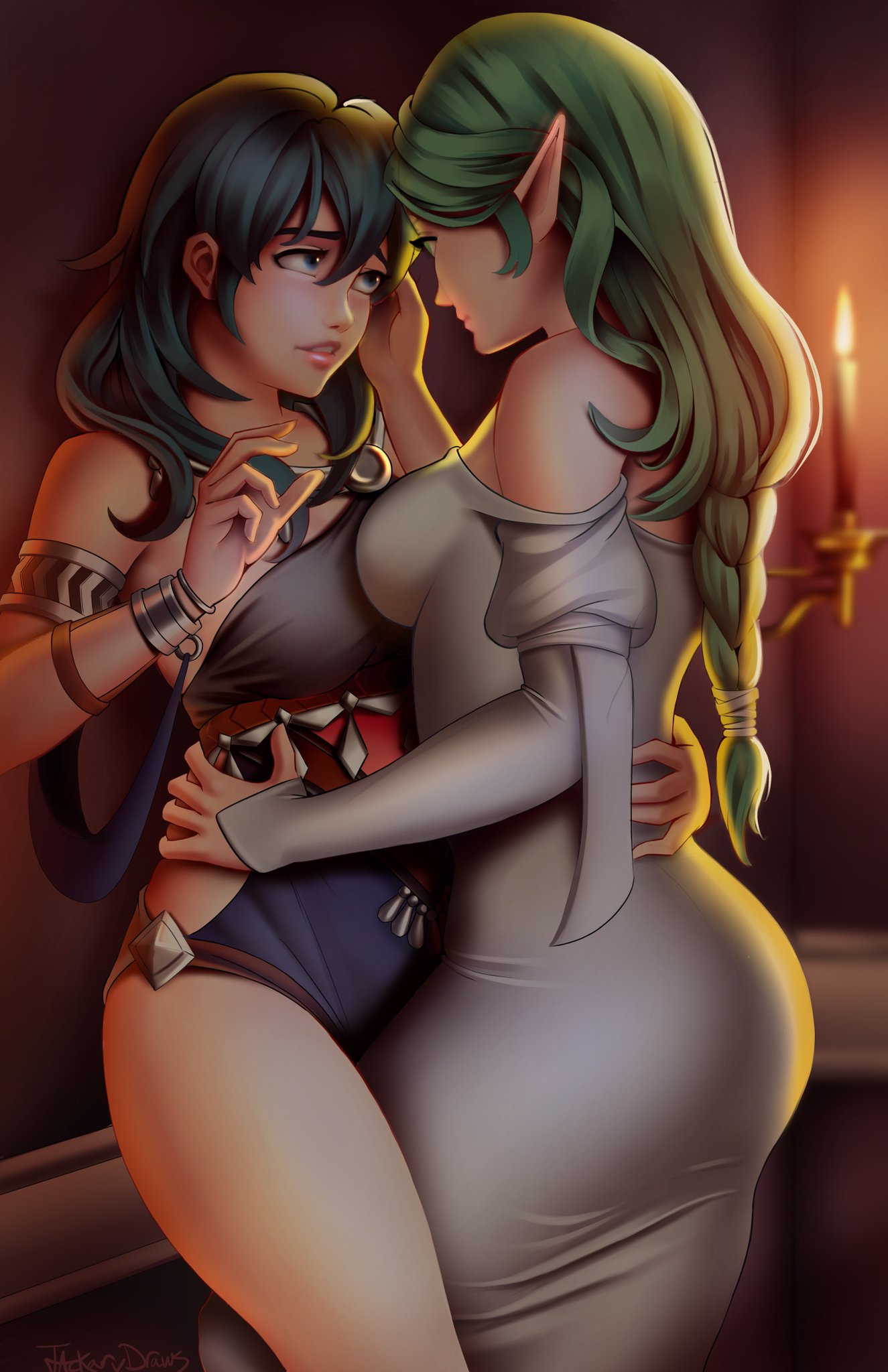 alternate_costume ass blue_eyes braid braided_hair braided_ponytail byleth_(fire_emblem) byleth_(fire_emblem)_(female) dancer dancer_outfit female_only fire_emblem fire_emblem:_three_houses fire_emblem_heroes green_hair harem_outfit hug imminent_kiss imminent_sex jackary_draws large_breasts medium_hair nabatean_(fire_emblem) nintendo older_female pointy_ears rhea_(fire_emblem) spoilers teal_hair yuri