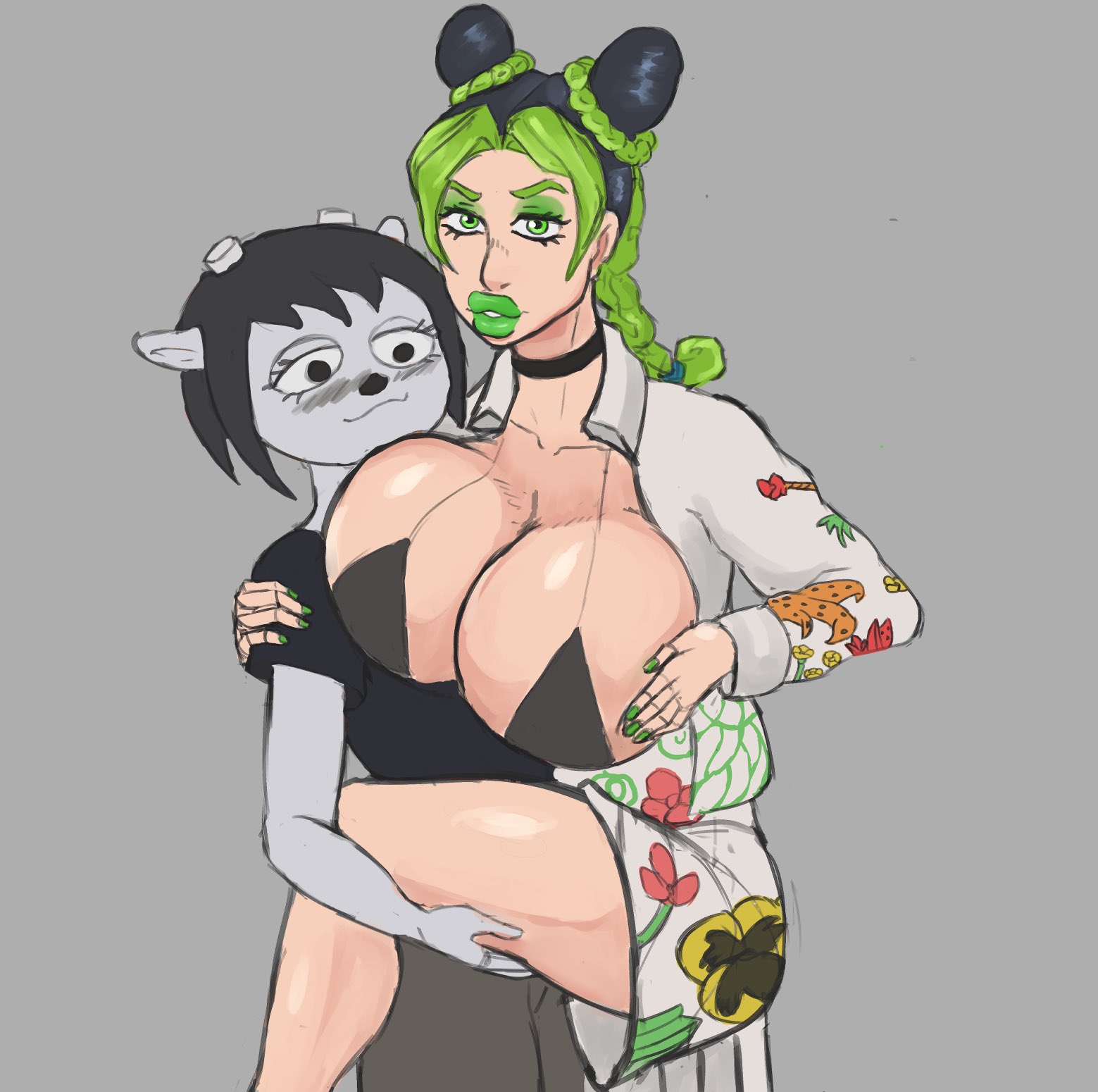 2girls, big breasts, bimbo, breasts, cleavage, clothing, crossover, female, female focus, female only, fur, green eyes, green hair, green highlights, human, jojo's bizarre adventure, jolyne kujo, jolyne, fly high with gucci, jumbogumbo, large breasts, light skin, light-skinned female, long hair, multiple females, multiple girls, pale skin, rammy lamb, shounen jump, stone ocean, tagme, two-tone hair, um jammer lammy, yuri