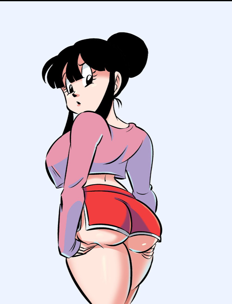 1girls, ass, ass focus, ass grab, ass hanging out of shorts, big ass, big breasts, black hair, booty shorts, breasts, bubble ass, bubble butt, chichi, clothing, dragon ball, dragon ball z, female, female only, fully clothed, funsexydragonball, human, looking back, shorts, shounen jump, sideboob, simple background, solo, solo female, thick ass, thick thighs, thighs