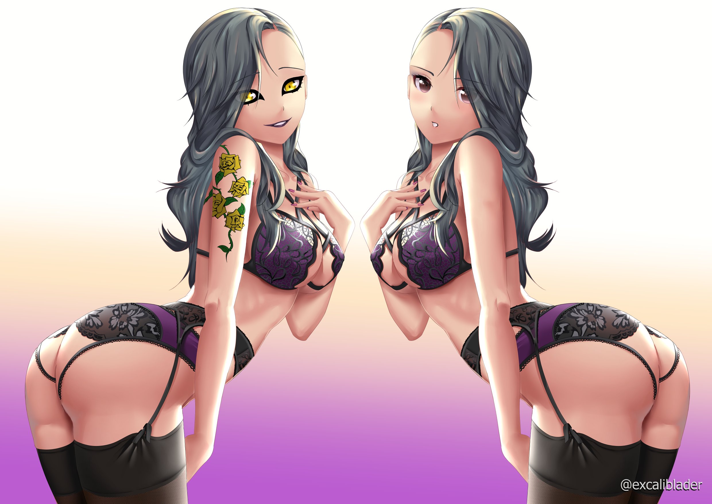 2girls, ass, big ass, blush, blushing, breasts, brown eyes, cleavage, excaliblader, female, gradient background, grey hair, hand on breast, lingerie, long hair, looking at viewer, looking back, persona, persona 5, persona 5 royal, presenting, sae niijima, shadow sae, shadow self (persona), simple background, slight blush, small breasts, smile, tagme, tattoo, thighhighs, yellow eyes