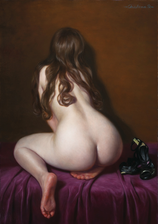 ass, barefoot, brown hair, commentary request, feet, female, from behind, huge ass, kneeling, long hair, mishima tetsuya, nude, oil painting (medium), original, shoes removed, signature, soles, tagme