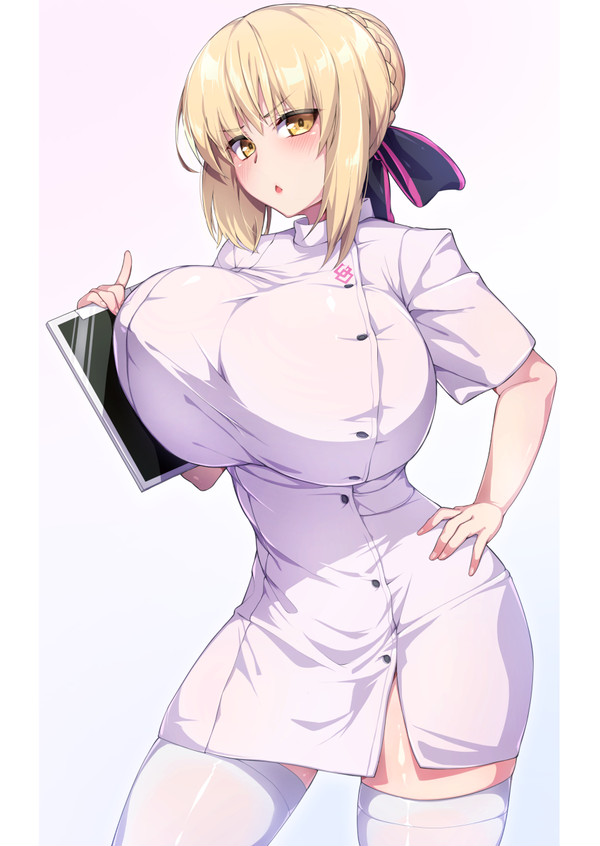 1girls alternate_breast_size artoria_pendragon_(alter) bangs big_breasts bimbo blonde_hair blush braided_hair busty chestnut_mouth clipboard cute eyes_visible_through_hair fate/grand_order fate/stay_night fate_(series) french_braid hand_on_hip hirasawa_seiji hourglass_figure huge_breasts index_finger_raised large_breasts matching_hair/eyes nurse open_mouth short_hair short_sleeves solo tablet thick_thighs thighhighs thin thin_waist tight tight_clothes tight_clothing tight_fit top_heavy tsundere updo white_clothing white_legwear white_thighhighs yellow_eyes