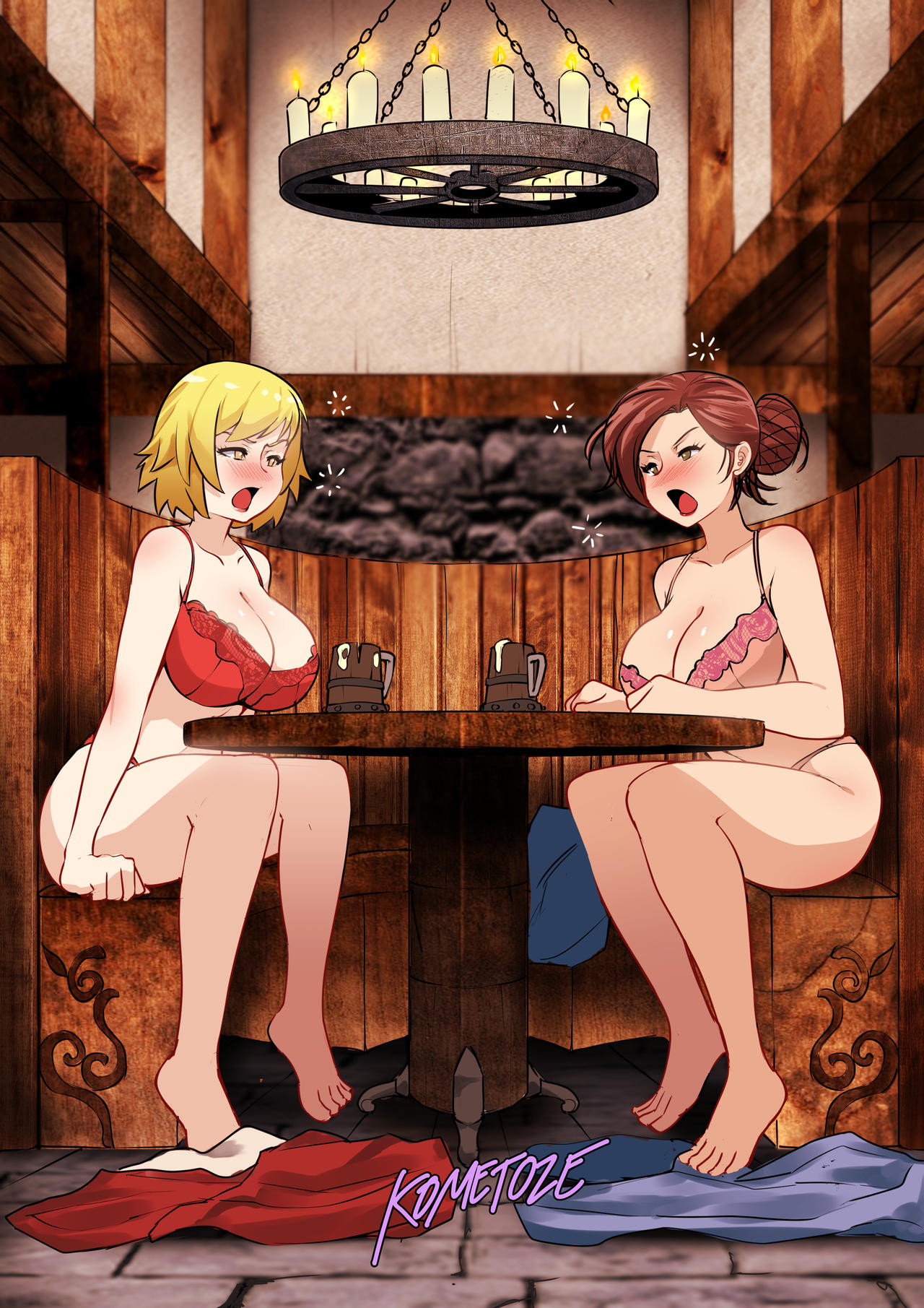 2girls blonde_hair blush brown_eyes brown_hair cleavage drinking_mug drunk huge_breasts kometoze original original_characters sitting underwear voluptuous yellow_eyes