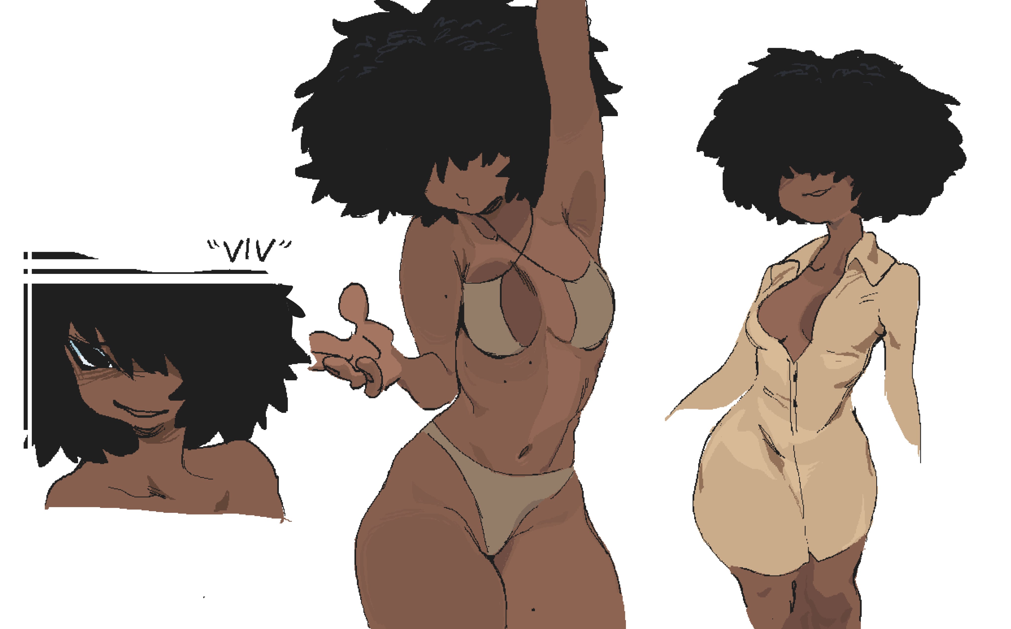 afro, bra, breasts, dark skin, dark-skinned female, female, hair over eyes, navel, panties, solo, solo female, underwear, viv (whoopsatro), whoopsatro