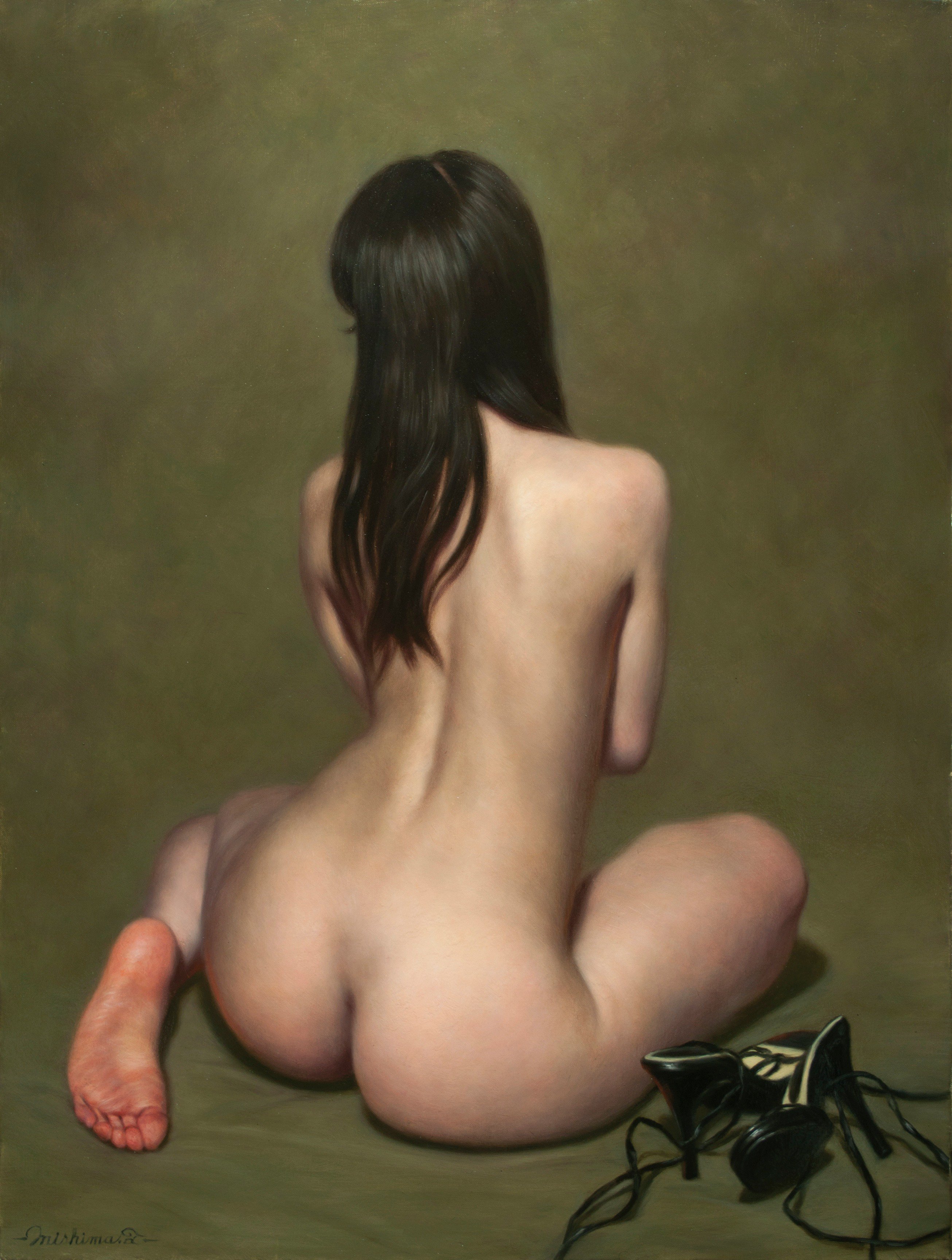 absurdres, ass, barefoot, brown hair, completely nude, feet, from behind, high heels, highres, kneeling, long hair, mishima tetsuya, nude, oil painting (medium), original, pale skin, shoes removed, signature, soles, tagme