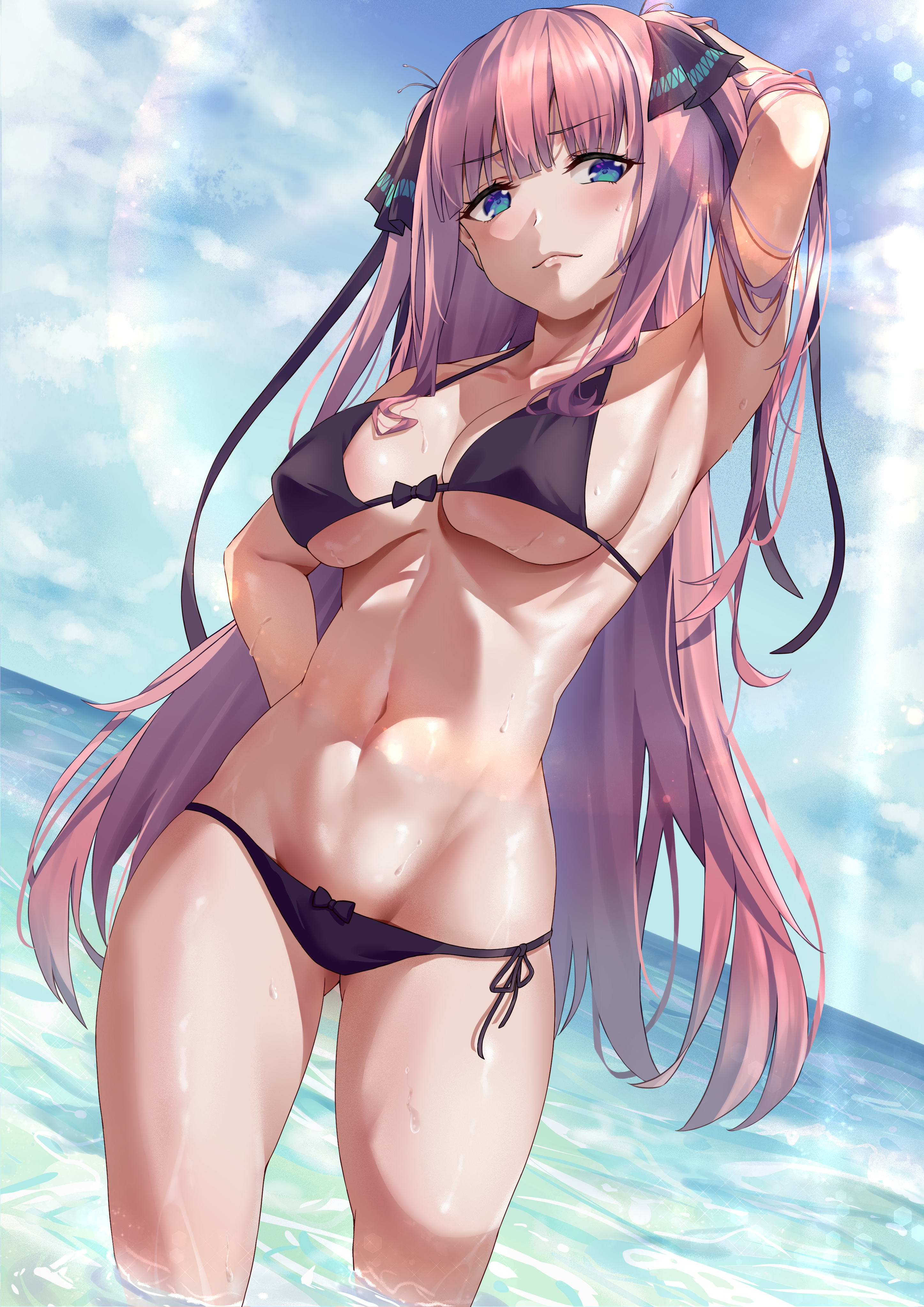 1girls, ass visible through thighs, bikini, black bikini, blue eyes, breasts, cleavage, female, female only, go-toubun no hanayome, hair ornament, hair ribbon, large breasts, long hair, nakano nino, navel, pink hair, solo, swimsuit, thighs, very long hair, wet skin, yukiaka