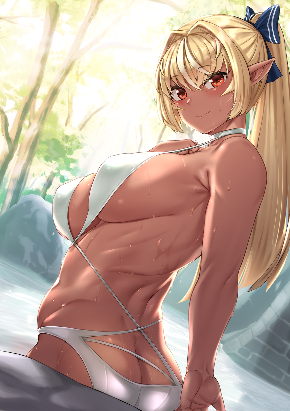 1girls, armpit, armpits, ass, ass cleavage, ass crack, back, bare shoulders, big ass, big breasts, big butt, bikini, blonde hair, blush, blushing, blushing at viewer, bowtie, breasts, butt crack, cleavage, criss-cross halter, curvy, dark elf, dark skin, dark-skinned female, detailed background, elf, elf ears, eye contact, fat ass, female, female focus, female only, hairbow, halterneck, hololive, hololive fantasy, hololive japan, large ass, large breasts, long ears, long hair, looking at viewer, looking back, moisture (chichi), multicolored hair, orange eyes, outdoors, outside, pointy ears, ponytail, pool, pov eye contact, red eyes, revealing clothes, shiranui flare, sideboob, skimpy, sling bikini, smile, smiling, smiling at viewer, solo, solo female, solo focus, swimsuit, tan, tan skin, thick ass, two-tone hair, virtual youtuber, voluptuous, wading, water, wet, wet body, wet skin, white bikini