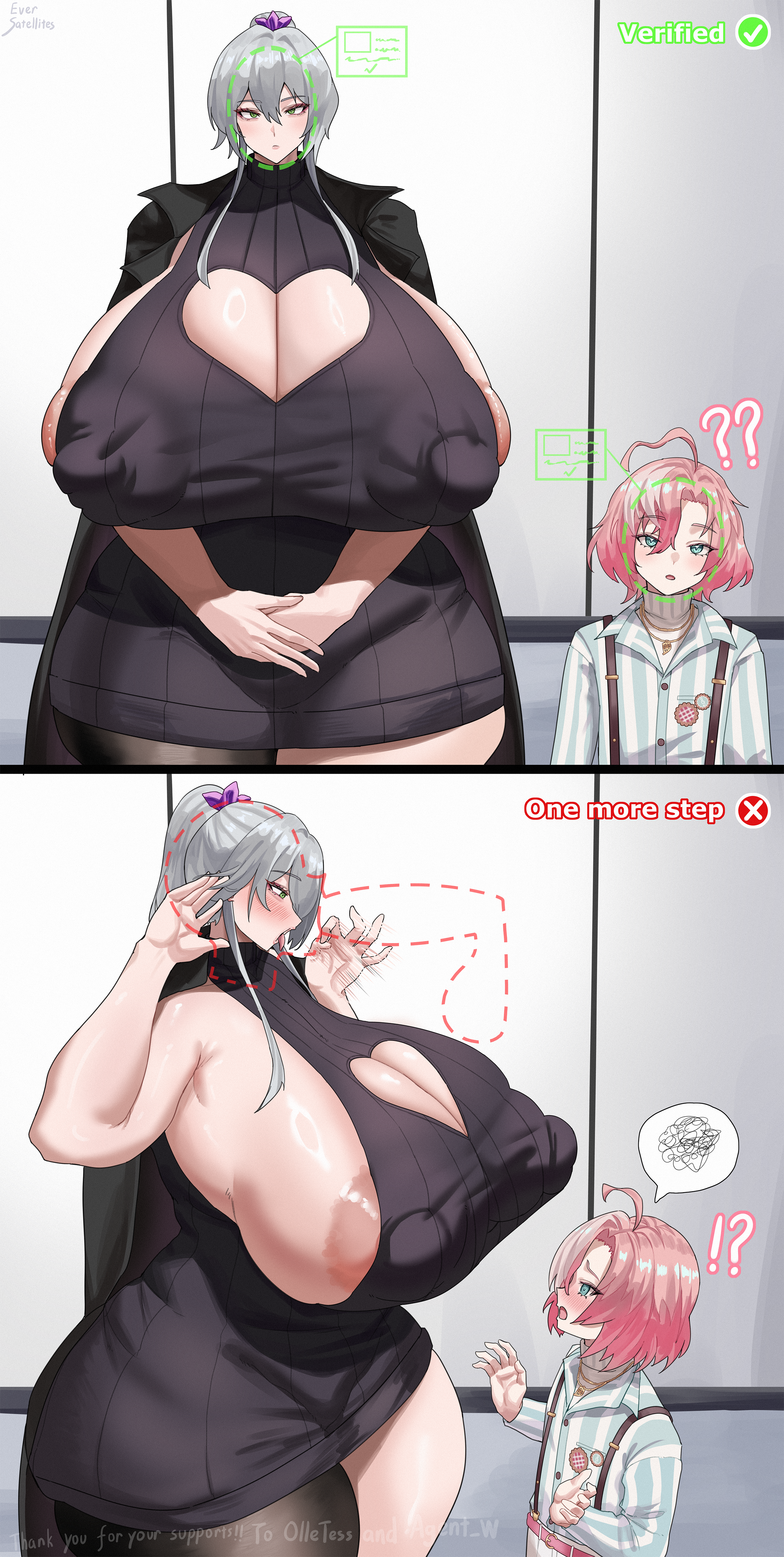!?, ??, 1boy, 1female, 1girl, 1girls, 1male, ahoge, areola, areola bulge, areola slip, areolae, areolae peeking, areolae slip, areolae visible through clothing, ass bigger than head, ass bigger than torso, barely contained, belt, big areola, big areolae, big nipples, bigger female, black jacket, black legwear, black sweater, blowjob gesture, blush, blush lines, blushing, blushing at partner, blushing female, blushing male, brat, breasts bigger than head, breasts bigger than torso, caught off guard, cleavage, cleavage cutout, cleavage window, collared shirt, commission, cowlick, cute male, cyan eyes, embarrassed, embarrassed expression, embarrassed male, enormous breasts, enormous thighs, eversatellites, exclamation point, eyeliner, facial verification, facing forward, facing viewer, fat ass, fat breasts, fat butt, fellatio gesture, female, female focus, feminine male, flustered, flustered male, gesture, gigantic breasts, gigantic thighs, gray hair, green eyes, green eyes female, grey hair, hair between eyes, hair tie, hand gesture, hands together, hands up, heart, heart cutout, heart symbol, height difference, huge areola, huge areolae, huge ass, huge breasts, huge butt, huge nipples, huge thighs, huge tits, imminent blowjob, imminent fellatio, imminent oral, imminent penetration, imminent sex, ineffective clothing, inside, jacket, jacket on shoulders, large areola, large areolae, large ass, large breasts, large butt, large nipples, large thighs, large tits, larger female, larger female smaller male, legs together, legwear, lewd security verification, looking at camera, looking at viewer, looking down, looking down at partner, looking up, looking up at partner, male, male with female, massive areolae, massive ass, massive breasts, massive butt, massive nipples, massive thighs, massive tits, meme, motion lines, mouth open, movement lines, necklace, necklaces, neckwear, nipple bulge, nipple outline, nipples, nipples visible through clothing, no dialogue, oc, open mouth, original, original character, original characters, overalls, pants, pattern clothing, pattern shirt, pattern topwear, pink areola, pink areolae, pink belt, pink hair, plump, plump ass, plump breasts, plump butt, plump lips, plump thighs, ponytail, ponytail female, puffy areola, puffy areolae, puffy lips, puffy nipples, question mark, short hair, shorter male, shorter male/taller female, sideboob, size difference, sleeveless, sleeveless sweater, sleeveless turtleneck, smaller male, smaller male larger female, spiral eyes, standing, standing position, staring, staring at viewer, striped clothing, striped shirt, striped topwear, suggestive gesture, suprised, suprised expression, suprised look, surprised, surprised expression, surprised face, surprised look, sweater, sweater dress, taller female, taller girl, text, thick, thick ass, thick breasts, thick butt, thick female, thick lips, thick thighs, thighs bigger than head, thighs bigger than torso, thunder thighs, thunderthighs, tied hair, tongue, tongue out, turtleneck, turtleneck sweater, twink, two panel image, verification, virgin destroyer sweater, virgin killer sweater, voluptuous, voluptuous body, voluptuous female, wardrobe malfunction, watermark, white pants