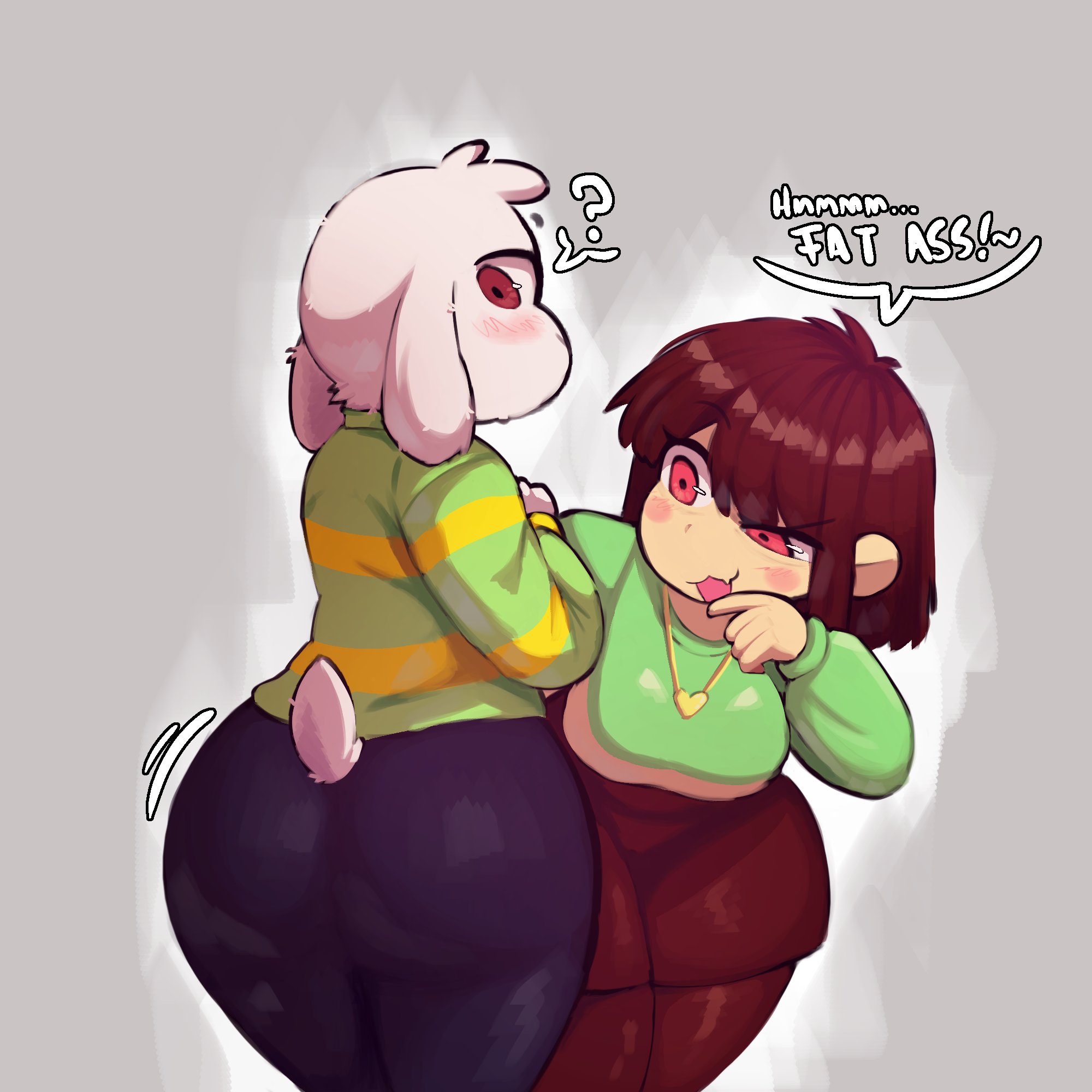 1boy, 1girls, asriel dreemurr, ass, astonarts, chara, fat ass, female chara, funny, heart locket, looking back, red eyes, text, undertale, undertale (series)