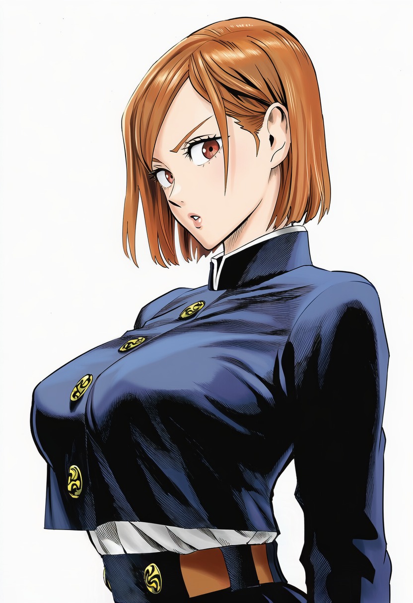 1girls, ai generated, arms at sides, bangs, belt, blue jacket, bob cut, breasts, brown eyes, brown hair, busty, buttons, clothing, crop top, crop top overhang, cropped jacket, curvaceous, curvy, curvy figure, eyelashes, female, female focus, female only, hair behind ear, high resolution, high-waist skirt, highres, jacket, jujutsu kaisen, jujutsu tech uniform, kugisaki nobara, large breasts, light skin, light-skinned female, lips, long sleeves, looking at viewer, manga style, murata yuusuke (style), parted lips, portrait, school uniform, serious, shiny clothes, shirt, short hair, side view, simple background, skirt, solo, solo focus, standing, surprised, swept bangs, three-quarter view, uniform, upper body, white background, white shirt