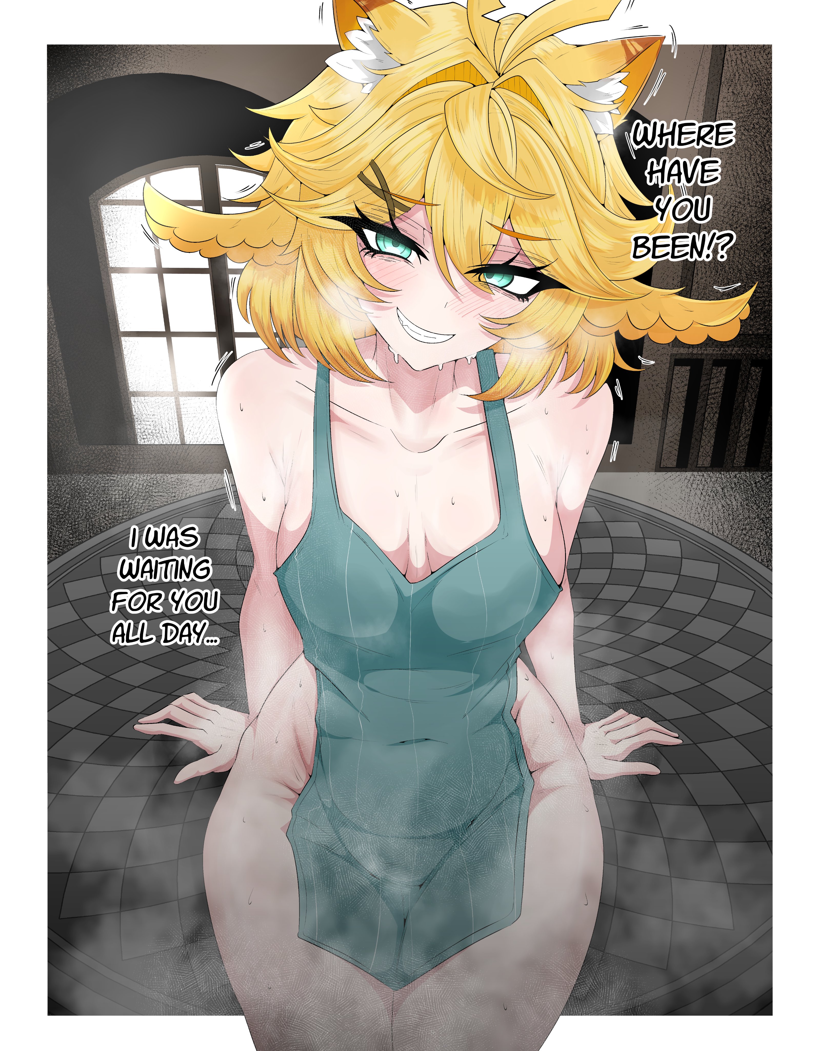 1girls, ahoge, apron, apron only, blonde hair, cat ears, dokibird, dokibird (dokitty), indie virtual youtuber, looking at viewer, mayoartworks, medium breasts, talking to viewer, virtual youtuber, vtuber