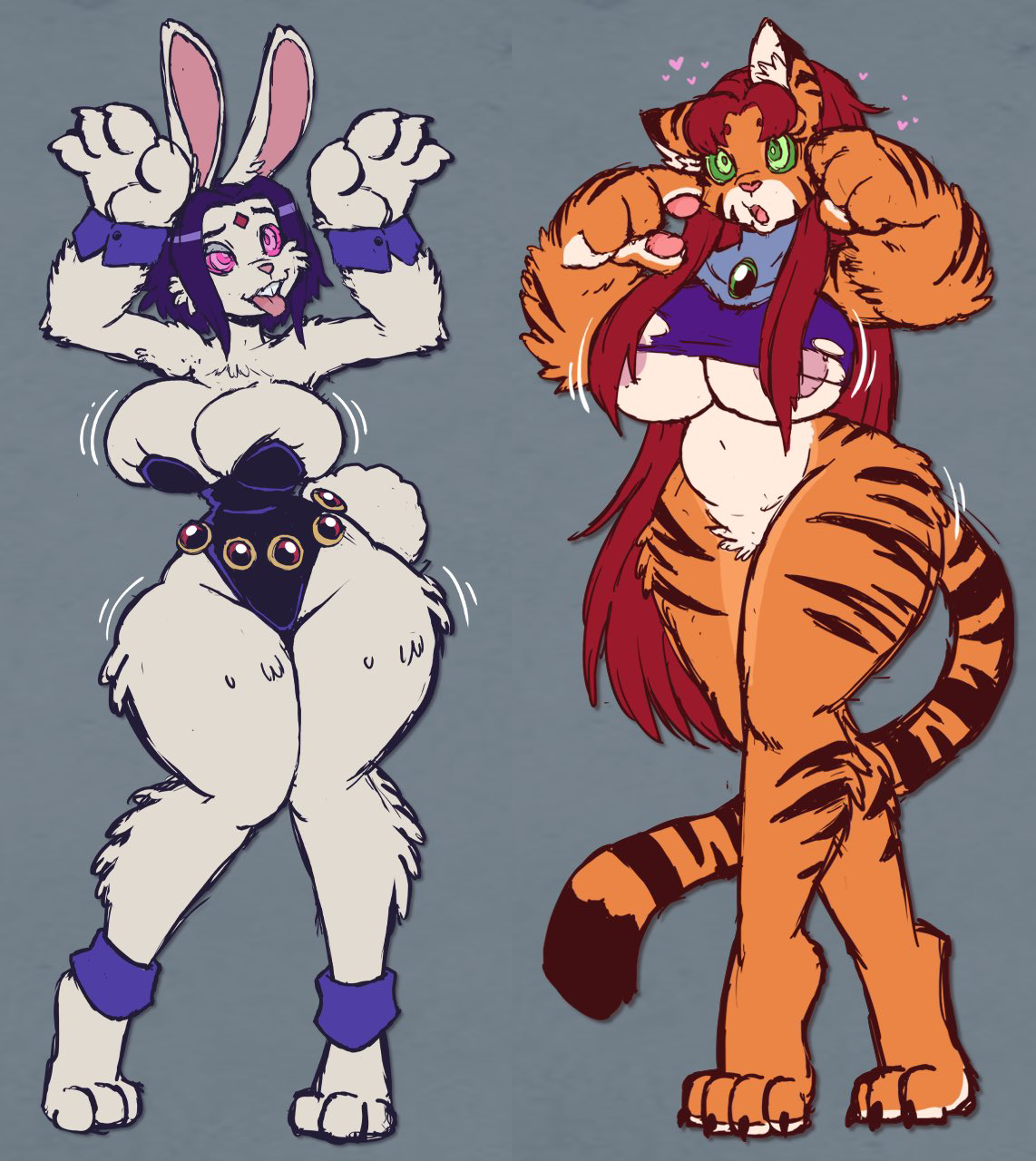 2girls, animal ears, animalization, anthro, anthrofied, big breasts, breast expansion, breast growth, breast growth (enlargement), breasts outside, bunny, bunny ears, bunny girl, bunny raven, bunnysuit, cat ears, cat girl, cat tail, dc comics, female only, femsub, furry, furry female, furry only, green eyes, heart, hearts around head, huge breasts, huge thighs, hypnosis, hypnotic accessory, hypnotized, large breasts, long hair, paws, pink eyes, purple eyes, purple hair, rachel roth, raven, raven (dc), red hair, ripped clothing, short hair, spiral eyes, starfire, teen titans, thick thighs, tiger, tiger girl, tiger tail, tongue, tongue out, torn clothes, transformation, wrenzephyr2