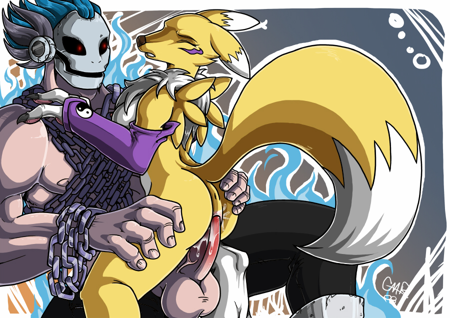 anthro chain color cum digimon female fur furry interspecies male nude penis renamon sex side_view skullmeramon tagme vaginal_penetration