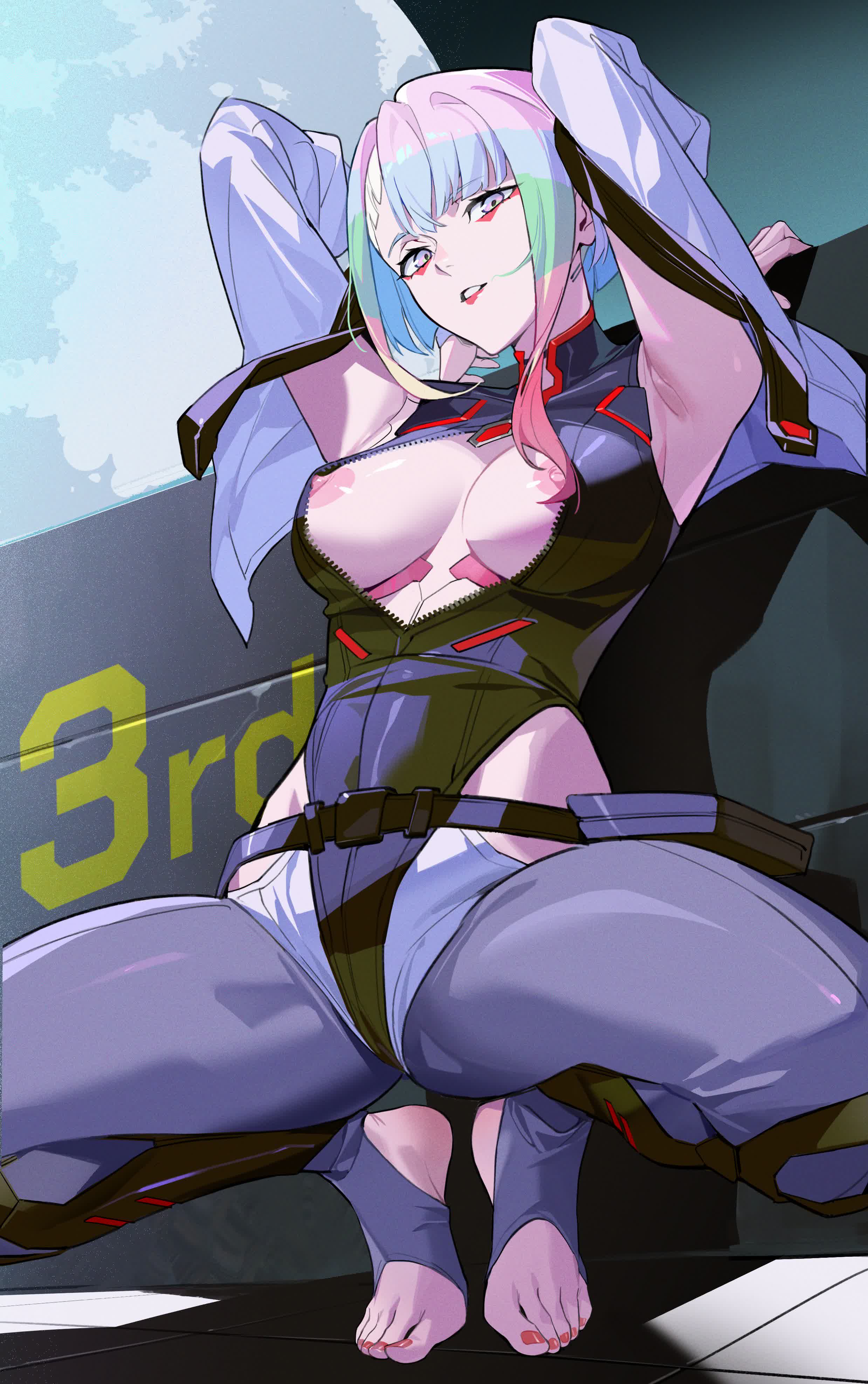 1girls, 2d, asian, asian female, breasts, color, cyberpunk (series), cyberpunk: edgerunners, female, female only, full color, leotard, light skin, light-skinned female, lucyna kushinada, medium breasts, multicolored hair, mumei (artist), painted toenails, pale skin, pale-skinned female, short hair, silver hair, solo, toeless legwear