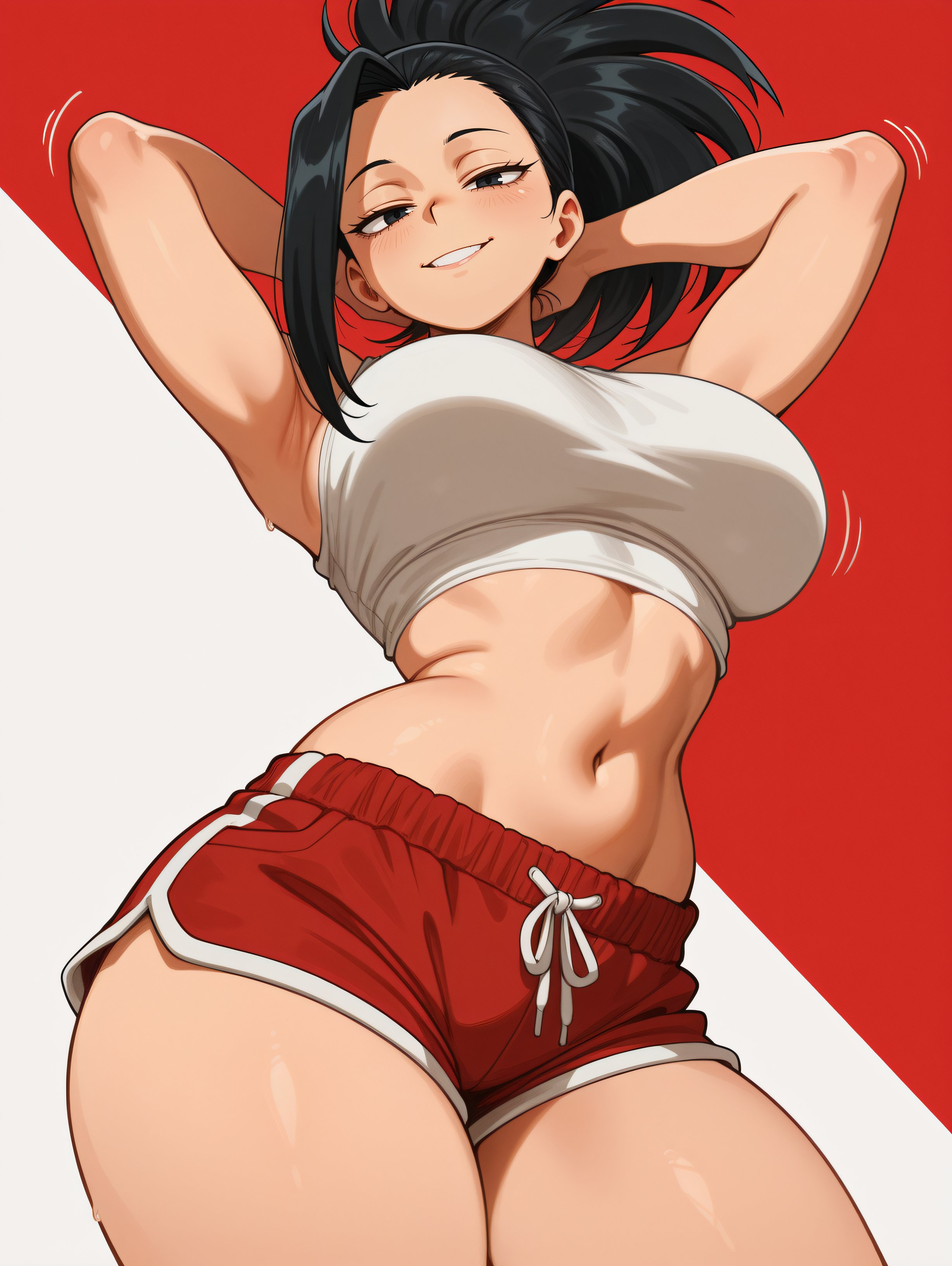 1girls, ai generated, black hair, black-haired female, dolphin shorts, midriff, momo yaoyorozu, my hero academia, red shorts, tied hair, white skin, white tank top