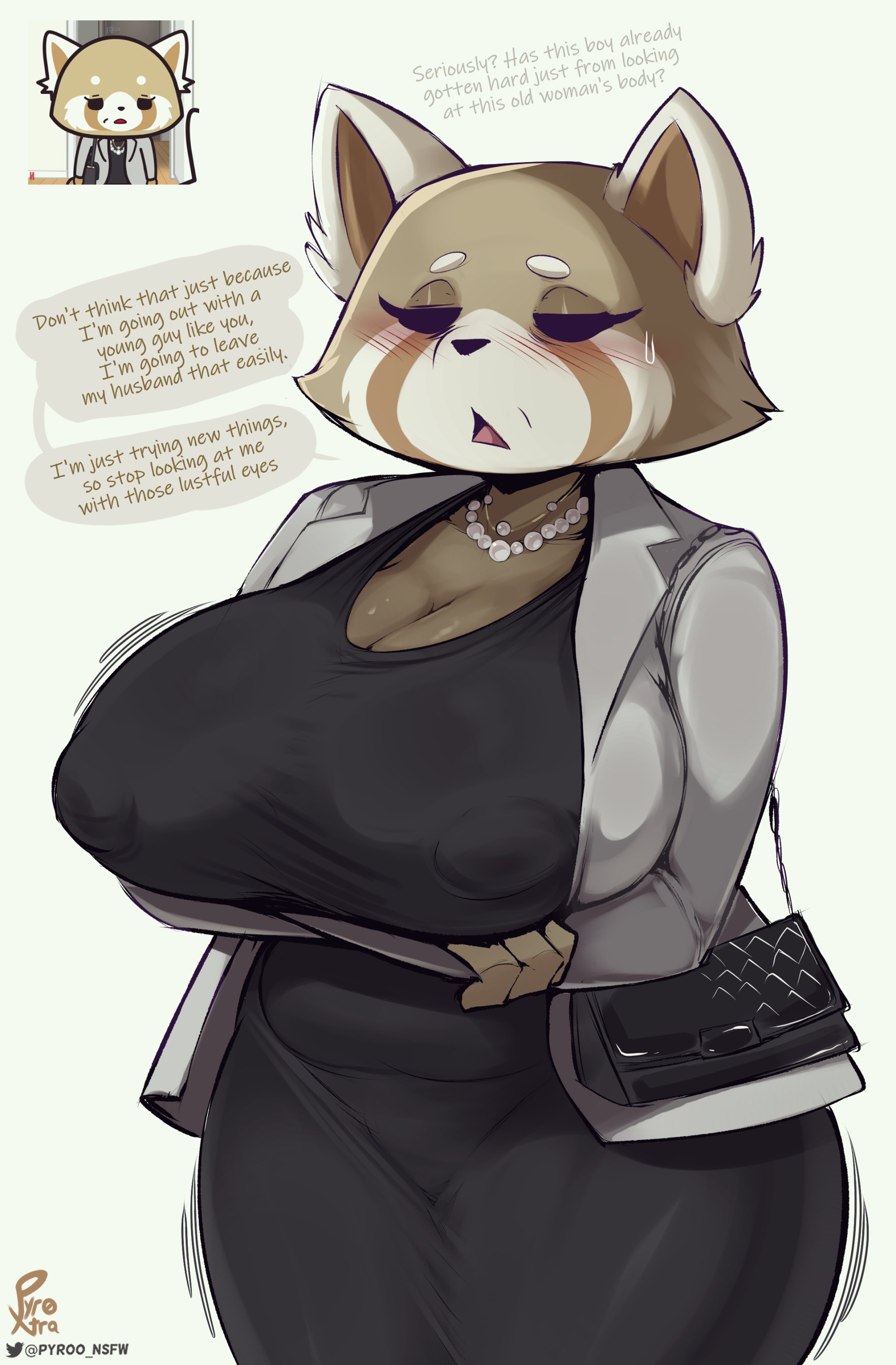 2026, absurd res, aggressive retsuko, aggretsuko, ailurid, anthro, arm under breasts, arms bent, artist logo, artist name, asking, asking self, belly, big breasts, big nipples, biped, black clothing, black dress, black eyes, blazer, blush, blushing profusely, bodily fluids, breasts, brown body, brown breasts, brown fur, brown inner ear, cheating wife, cheek tuft, chubby, chubby female, circle eyebrows, cleavage, clothed, clothed anthro, clothed female, clothing, curvy, dialogue, digital drawing (artwork), digital media (artwork), dress, ear tuft, empty eyes, english text, eyebrows, eyelashes, facial tuft, female, fingers, fur, fur tuft, gem, glistening, glistening breasts, glistening clothing, glistening dress, glistening eyelids, glistening jewelry, glistening necklace, grey blazer, grey clothing, grey speech bubble, grey topwear, hi res, huge breasts, huge nipples, humanoid hands, infidelity, inner monologue, jewelry, legs together, light body, light fur, logo, long eyelashes, mammal, mature anthro, mature female, monotone background, motion lines, motion outline, multicolored body, multicolored fur, necklace, nipple outline, nipples, open blazer, open clothing, open mouth, open topwear, pearl (gem), pearl necklace, pink tongue, plump, pointy ears, portrait, prick ears, purse, pyroxtra, question, red blush, red panda, reference image, retsuko's mother, sanrio, simple background, slightly chubby, slightly chubby anthro, slightly chubby female, solo, speech bubble, standing, sweat, sweatdrop, tan background, tan body, tan fur, tan text, text, thick thighs, thinking, three-quarter portrait, three-quarter view, tight clothing, tight dress, tongue, topwear, tuft, voluptuous, white body, white ears, white eyebrows, white fur, white jewelry, white necklace
