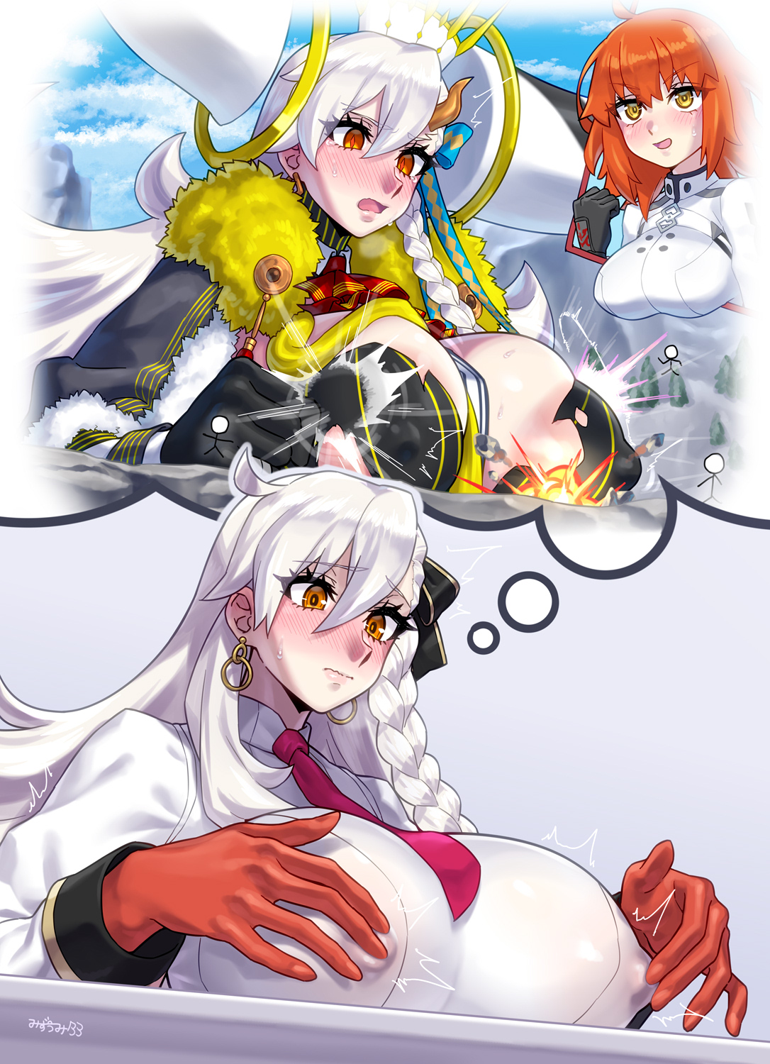 areola slip, areolae, big breasts, blush, blushing, breasts on table, breasts out, erect nipples, fate (series), fate/grand order, fujimaru ritsuka (female), giantess, gloves, hard nipples, horns, huge breasts, imagining, mizuumi (bb), mountain, nipple bulge, nipples visible through clothing, olga marie animusphere, stickman, touching nipples, u-olga marie, white hair, yuri