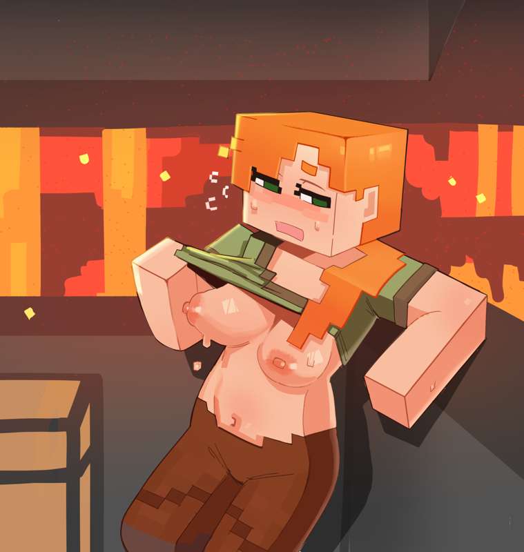 alex (minecraft), artist request, huge breasts, lifting shirt, minecraft, nether, square head, sweat