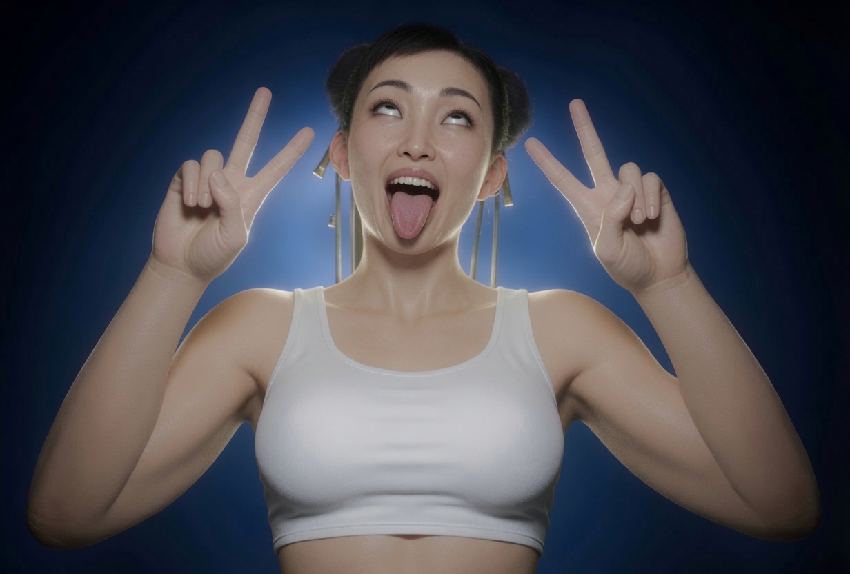 1girls, 3d, ahe gao, asian, asian female, blender, chinese female, chun-li, chun-li (street fighter 6), double v, drool, female, female only, looking up, open mouth, rolling eyes, smitty34, solo, source request, street fighter, street fighter 6, tagme, tank top, tongue, tongue out, white tank top