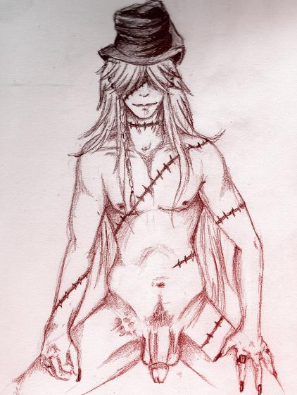 1boy hair_over_eyes hat kuroshitsuji male male_only nude penis scar solo tagme top_hat undertaker_(kuroshitsuji)