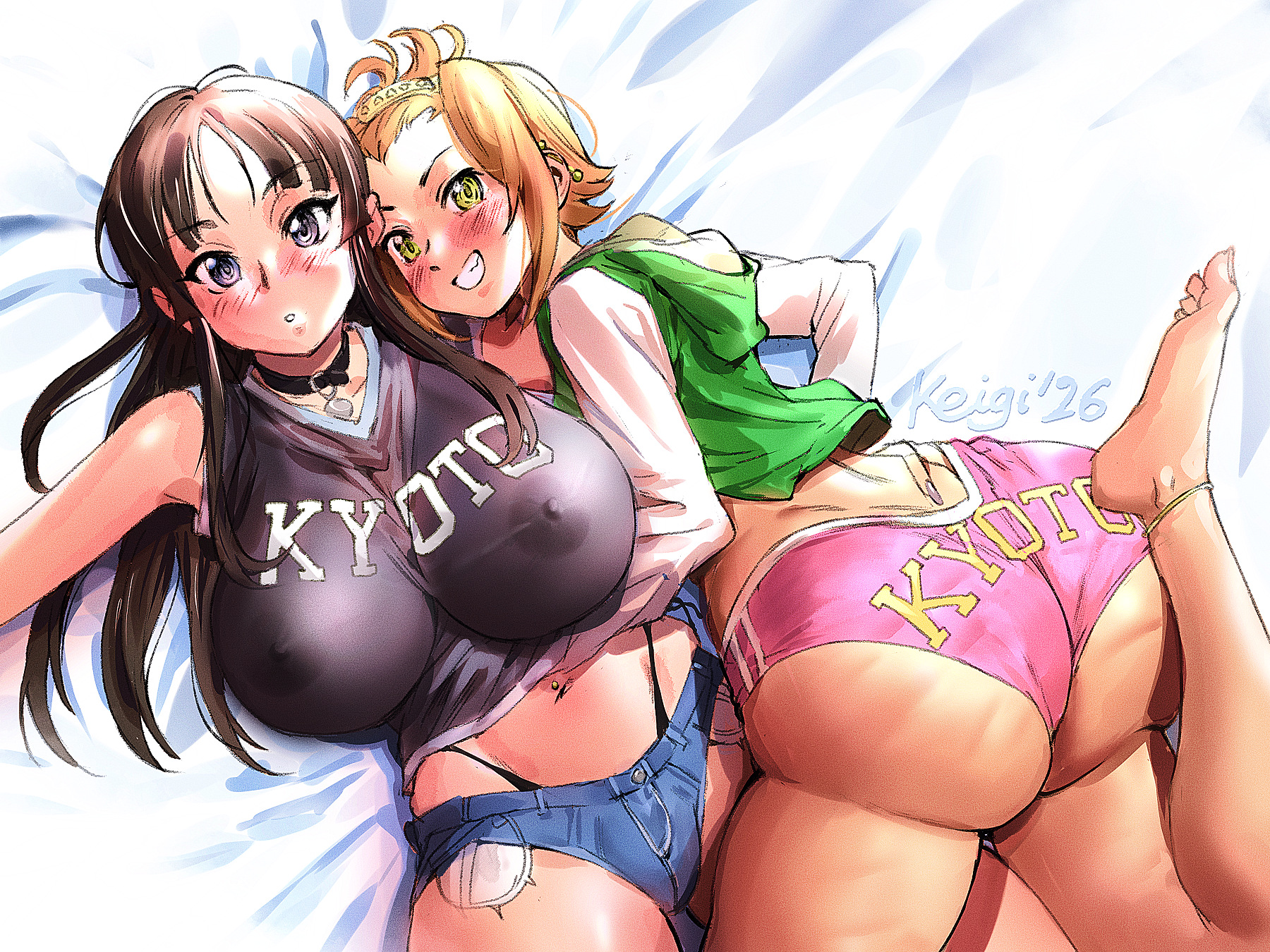 2girls, alternate breast size, ass, ass hanging out, ass hanging out of shorts, barefoot, bed, black hair, blue eyes, booty shorts, brown hair, female, female only, forehead, from behind, green eyes, huge ass, huge breasts, k-on!, keigi (artist), long hair, mio akiyama (k-on!), nipples, ritsu tainaka (k-on!), see-through, short hair, short shorts, shorts