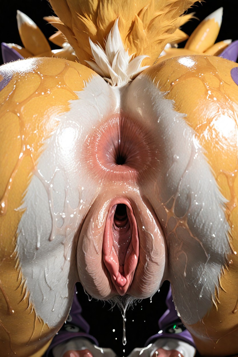 1girls, ai generated, anthro, anus, ass, bandai namco, big anus, big ass, big butt, bodily fluids, butt, clit, close up, close-up, digimon, digimon (species), female, furry, furrypornaddiction, genital fluids, huge ass, huge butt, in heat, pussy, pussy focus, pussy juice, pussy juice drip, rear view, renamon, solo, solo anthro, solo female, sweat, sweatdrop, sweating, sweaty, sweaty body, tail, thick thighs, vagina, wet pussy, white body, white fur, wide hips, yellow body, yellow fur