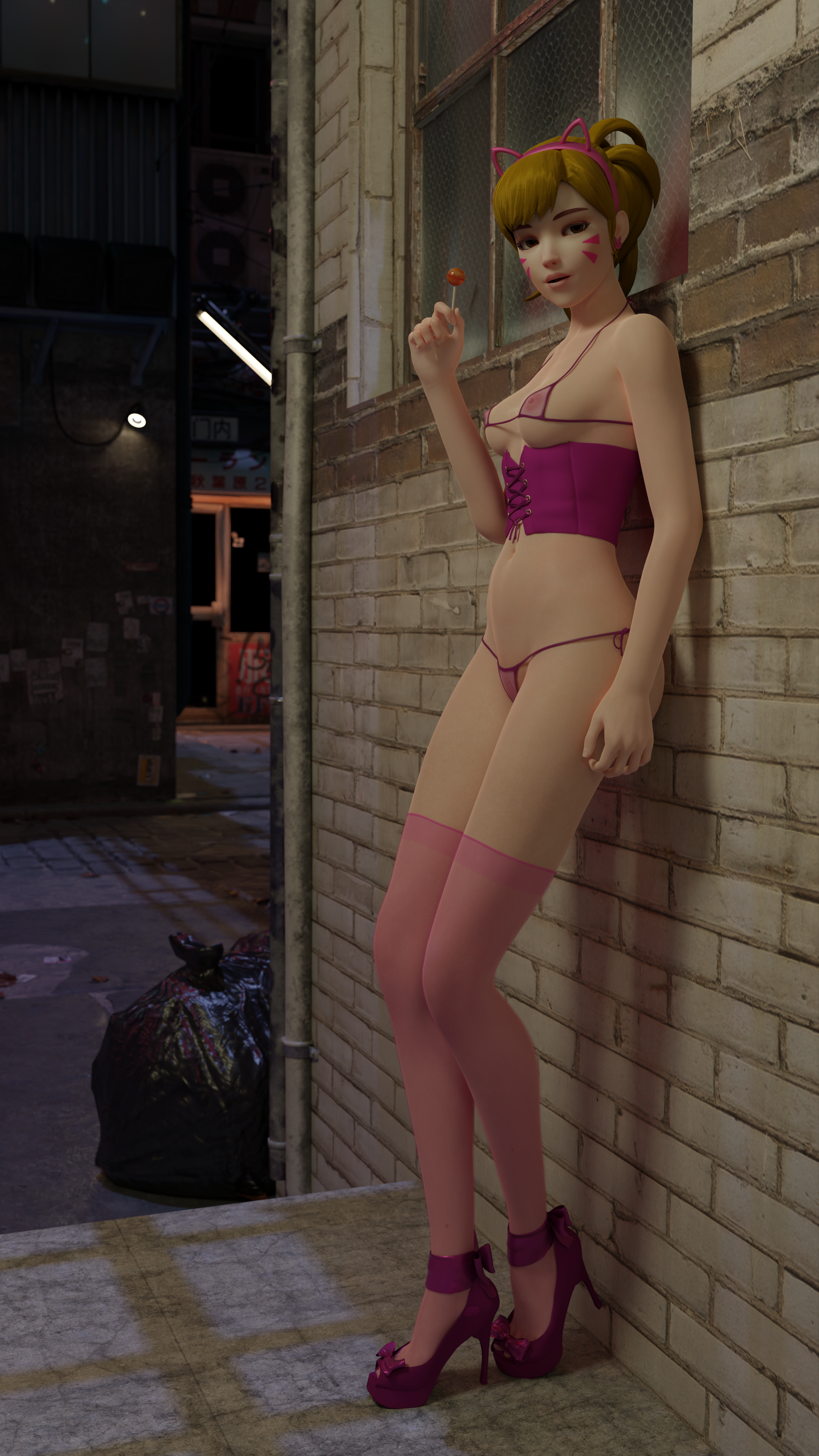 1girls, 3d, 3d (artwork), 3d render, absurd res, absurdres, alley, alleyway, areolae, asian female, bikini, blender, blender (software), blizzard entertainment, blonde hair, bow tie, breastless corset, breasts, brown eyes, cat ears, cat ears hairband, cat headband, corset, d.va, dustedfountain, dyed hair, female, female focus, female only, headband, hi res, high heels, high resolution, highres, hooker, leaning against wall, leaning back, legwear, light skin, light-skinned female, lolipop, looking at viewer, micro bikini, microbikini, nipples, nipples visible through clothing, open toe heels, open toe shoes, outdoors, overwatch, pale skin, pale-skinned female, pink legwear, pink stockings, pink thighhighs, ponytail, propositioning, prostitute, prostitution, public, see-through clothes, see-through clothing, standing, stockings, street, streetwalker, thighhighs