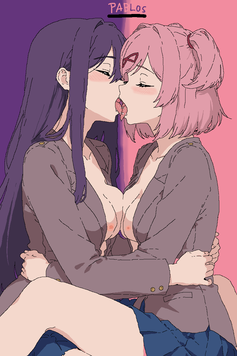 2d, 2d (artwork), 2girls, blush, blushing, breasts, closed eyes, color, ddlc, doki doki literature club, female only, female/female, girl on girl, half nude, highres, kissing, lesbian, lesbian kiss, natsuki (doki doki literature club), pablos, pink hair, purple hair, saliva, shaded, shirt, skirt, tongue, tongue kiss, tongue out, yuri, yuri (doki doki literature club)