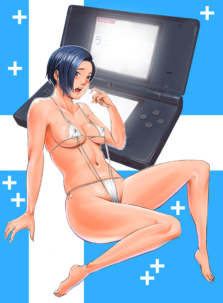 bikini blue_hair blush bob_cut brown_eyes erect_nipples female female_only human kobayakawa_rinko love_plus makapon nintendo nintendo_ds short_hair sling_bikini solo string_bikini swimsuit