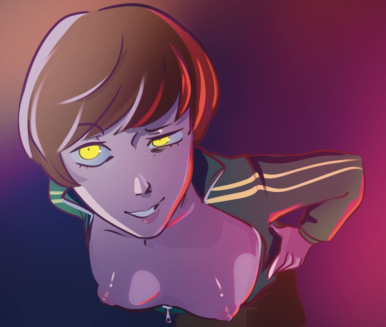 1girls, 2d, artist request, atlus, bent over, breasts, breasts out, chie satonaka, exposed breasts, glowing eyes, jacket open, light skin, light-skinned female, persona, persona 4, persona 4 revival, satonaka chie, sega, shadow chie, shadow self (persona), smug face, source request, tagme, villainess, yellow eyes, yellow eyes female