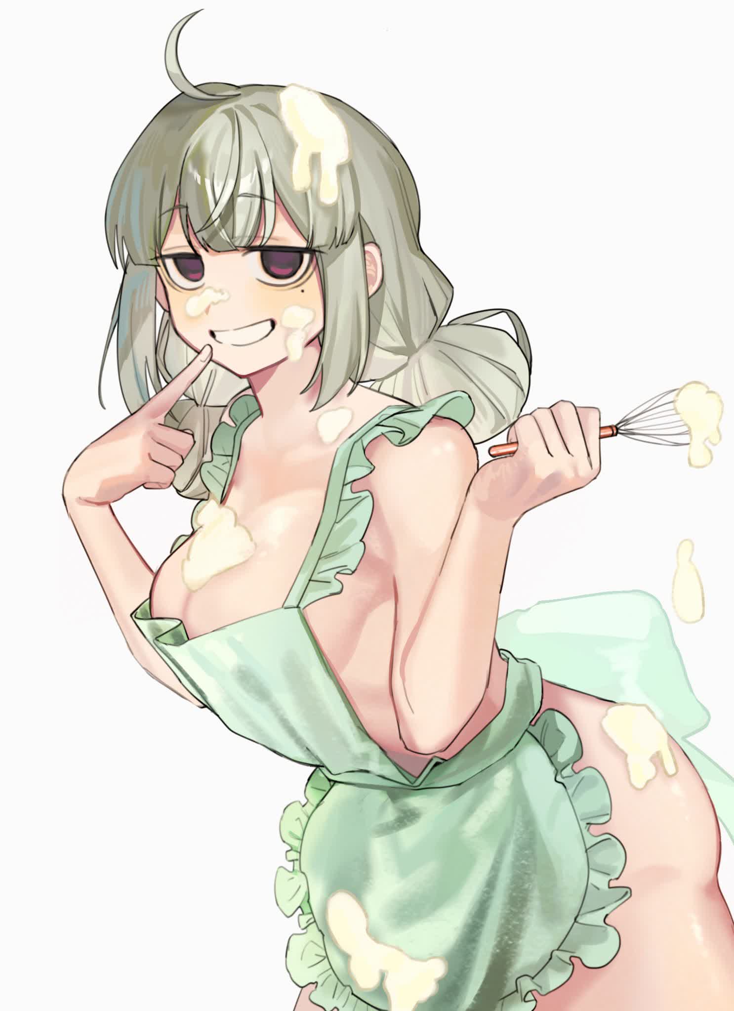 apron, araga kiwi, ass, batter, blonde hair, breasts, cleavage, commentary request, cowboy shot, double bun, female, finger to mouth, food, food on body, food on breasts, food on face, food on head, frilled apron, frills, green apron, grin, hair bun, hands up, highres, mahou shoujo ni akogarete, medium breasts, mole, mole under eye, mumei (artist), naked apron, object on head, purple eyes, sideboob, simple background, smile, solo, whisk, white background