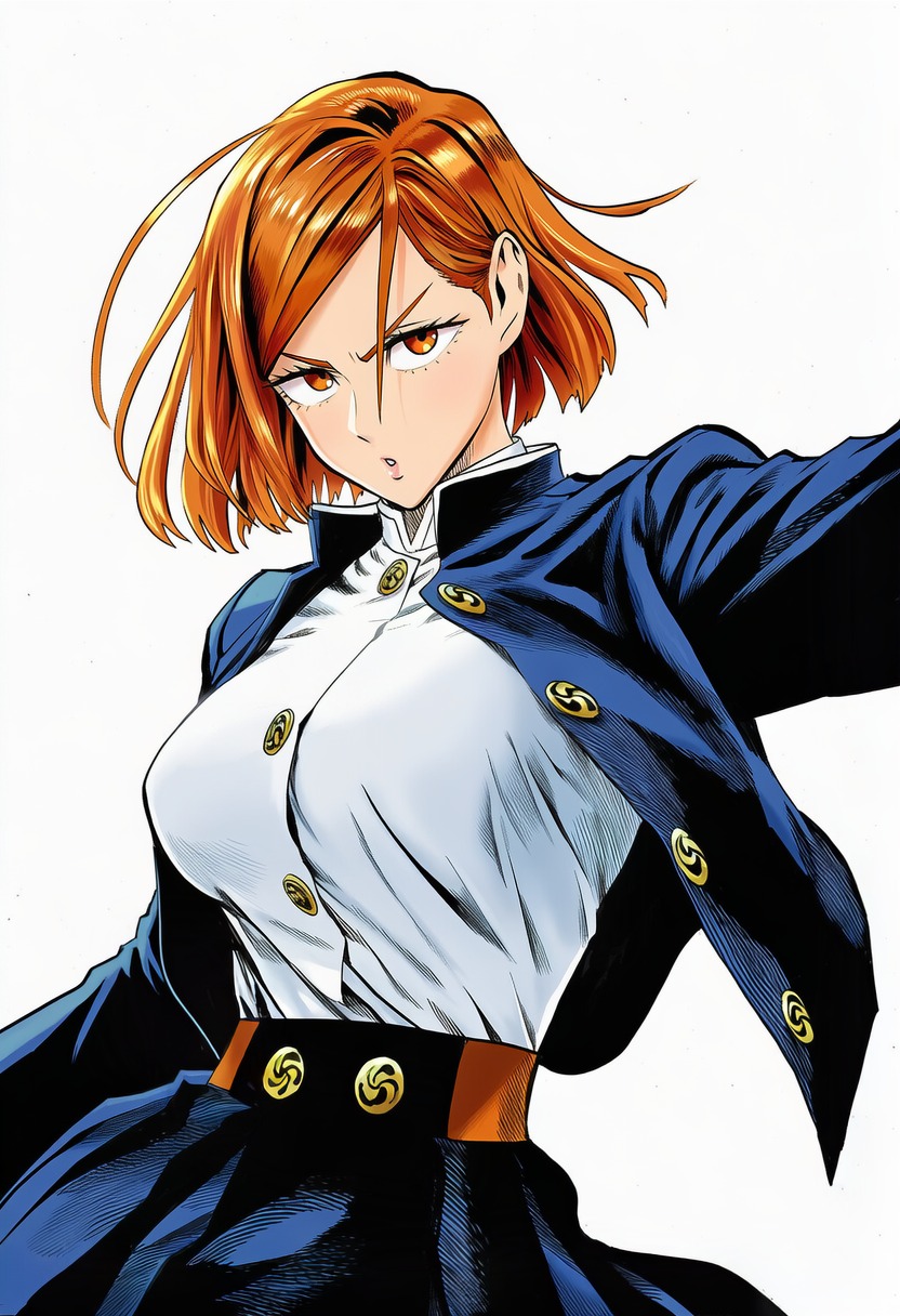 1girls, ai generated, arms at sides, black clothes, black skirt, blue jacket, blue skirt, breasts, brown eyes, brown hair, busty, buttons, clothing, curvaceous, curvy, curvy figure, dutch angle, eyebrows, eyelashes, facing viewer, female, female focus, female only, hair behind ear, high resolution, high-waist skirt, highres, jacket, jujutsu kaisen, jujutsu tech uniform, kugisaki nobara, large breasts, light skin, light-skinned female, lips, long sleeves, looking at viewer, manga style, medium hair, murata yuusuke (style), open clothes, open jacket, orange eyes, orange hair, parted lips, portrait, school uniform, shiny clothes, shirt, shirt tucked in, short hair, simple background, skirt, solo, solo focus, standing, three-quarter view, uniform, v-shaped eyebrows, white background, white shirt