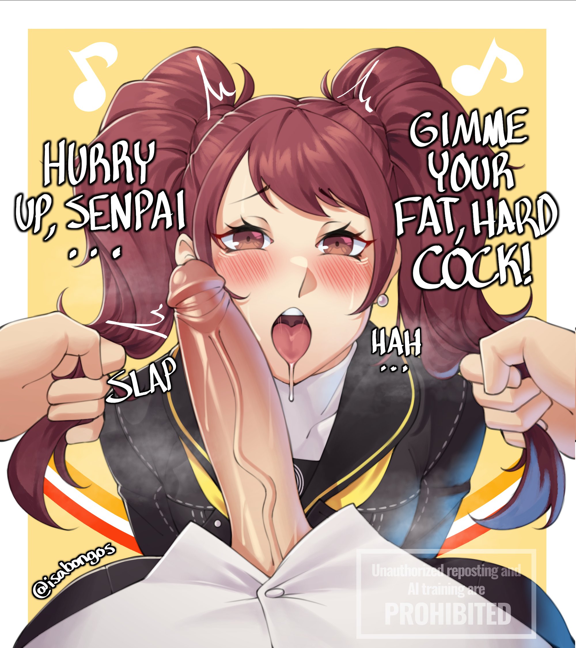 1boy, 1girls, 2d, 2d (artwork), asking for it, atlus, begging, big penis, blush, brown eyes, brown hair, clothed, clothing, cock worship, earrings, english, english text, female, female focus, genitals, grabbing hair, hair grab, hair pull, handlebars, hi res, high resolution, highres, horny, horny female, huge cock, imminent oral, imminent sex, irrumatio handles, isabongos, kujikawa rise, large penis, light skin, light-skinned female, looking at viewer, looking up, looking up at viewer, male, male pov, male/female, megami tensei, narukami yu, open mouth, penis, penis through fly, persona, persona 4, pov, pulling hair, saliva, school uniform, sega, steam, straight, text, tongue, tongue out, twintails