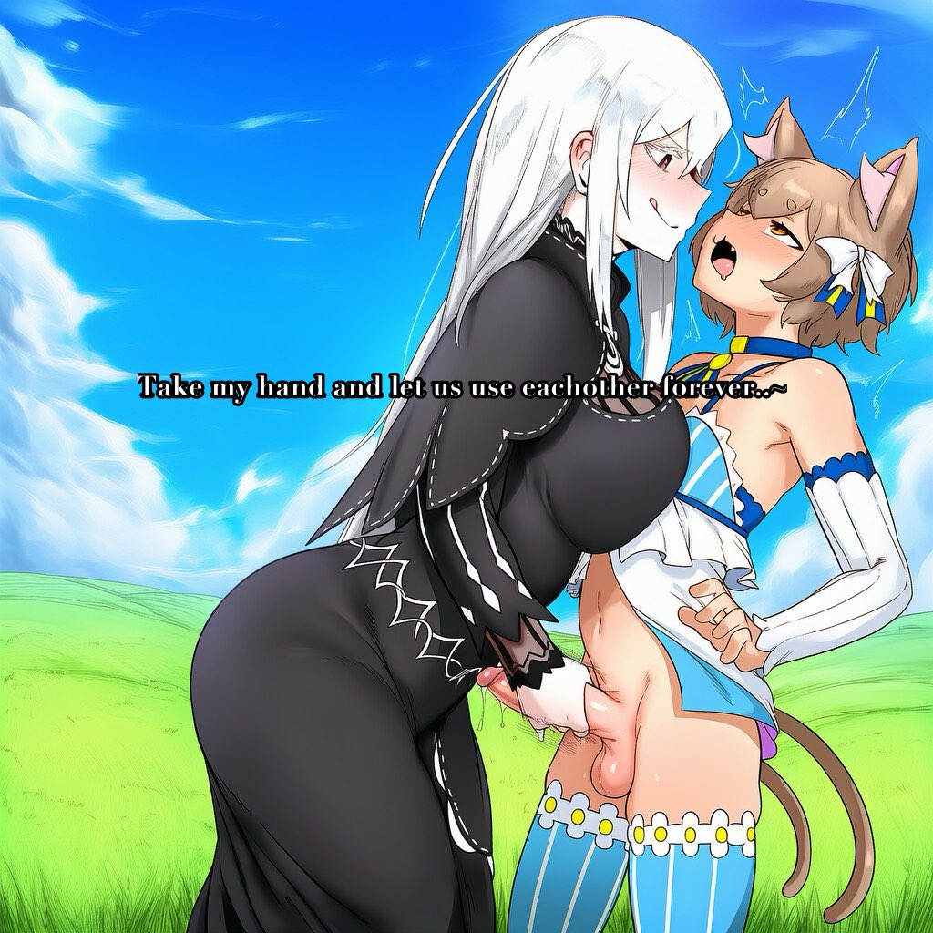 :q, 1boy, 1girl, 2026, 2d, absurd res, absurd resolution, absurdres, age difference, ai generated, animal ears, assertive female, big ass, big breasts, big penis, black capelet, black dress, blue sky, blush, bow, breast press, breasts, brown hair, capelet, cat boy, cat ears, cat tail, cloud, day, detached sleeves, dress, echidna (re:zero), english text, erection, felix argyle, grass, hair between eyes, hair bow, handjob, hetero, hi res, high quality, high resolution, highres, image, large breasts, licking lips, long hair, looking at another, open mouth, otoko no ko, outdoors, patreon, patreon username, penis, re:zero kara hajimeru isekai seikatsu, shiny skin, short hair, sky, smile, striped clothes, striped thighhighs, tail, testicles, thighhighs, tongue, tongue out, uncensored, uncensured, uni gens, vertical-striped clothes, watermark, wavy mouth, white hair