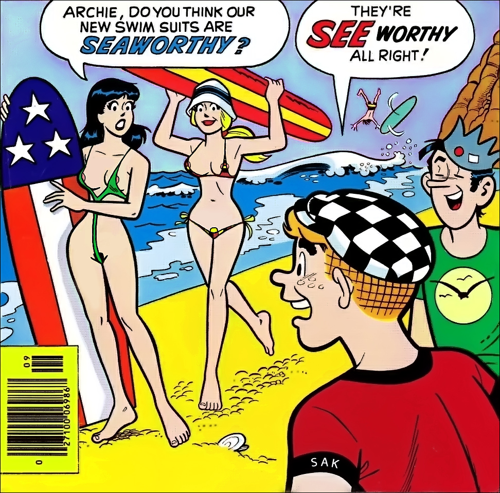 2girls archie_andrews archie_comics betty_and_veronica betty_cooper bikini black_hair blonde_hair breasts g-string jughead_jones sak sling_bikini smile veronica_lodge