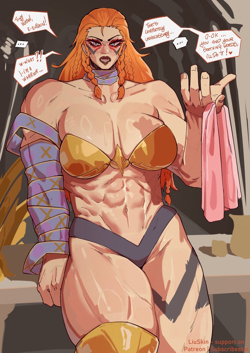 1girls, 2d, 2d (artwork), abs, angela (aldrif odinsdottir), asgardian, athletic, athletic female, big breasts, bikini armor, blue eyes, breasts, cleavage, english text, goddess, light skin, light-skinned female, lipstick, liuskin, long hair, looking at viewer, marvel, marvel comics, marvel rivals, massive thighs, muscle mommy, muscles, muscular, muscular female, muscular thighs, navel, orange hair, red hair, revealing clothes, solo, speech, speech bubble, tattoo, text, text bubble, thick thighs, thighs, thor (series)