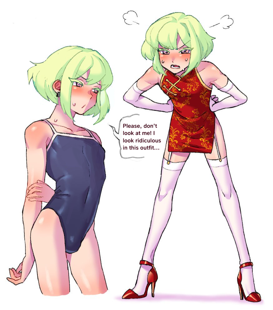 1boy, 1femboy, androgynous, blonde hair, blush, blush lines, blushing at viewer, bob cut, bulge, china dress, chinese clothes, crossdressing, embarrassed, embarrassed expression, femboy, femboy only, feminine faced male, feminine male, heels, lio fotia, long gloves, miniskirt, nervous, one-piece swimsuit, petite, petite body, petite male, promare, short hair, short male, shy, skin tight, slim, slim male, slim waist, solo, stockings, sweat, sweatdrop, swimsuit, thighhighs, thin waist, tight clothing, tsundere, twink